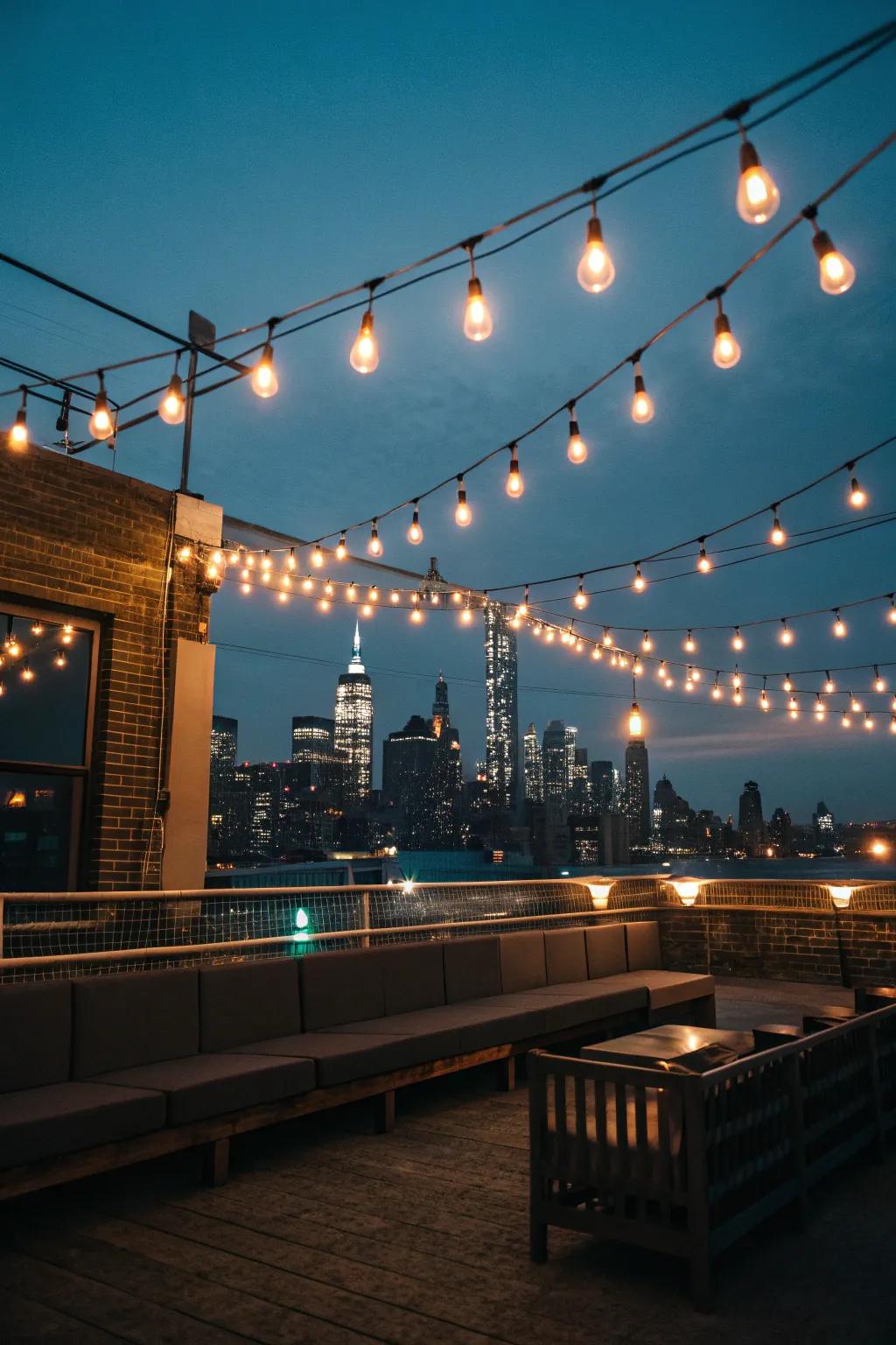 Twinkling string lights bring a magical charm to rooftop evenings.