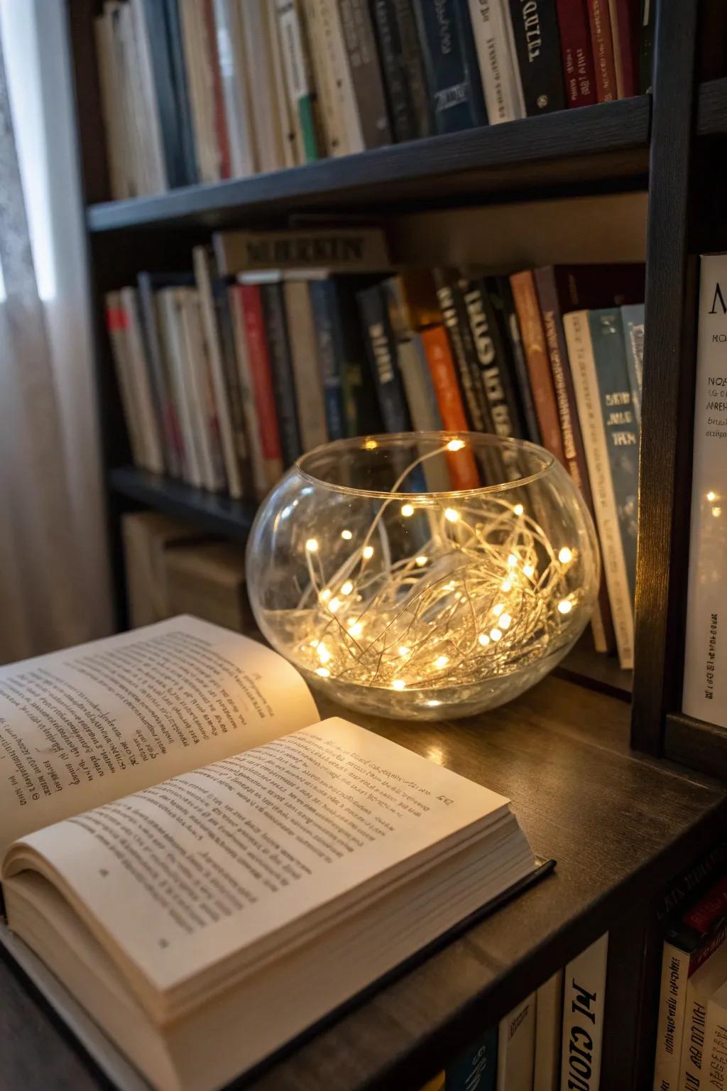 Fairy lights in a glass bowl add a magical glow to any space.