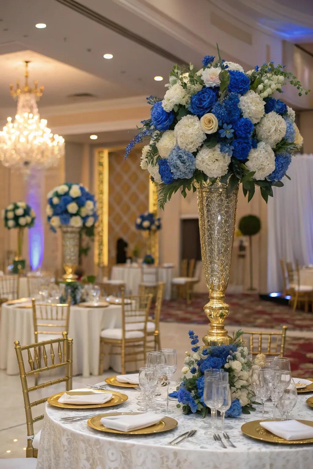 A sophisticated color palette of royal blue, gold, and silver.
