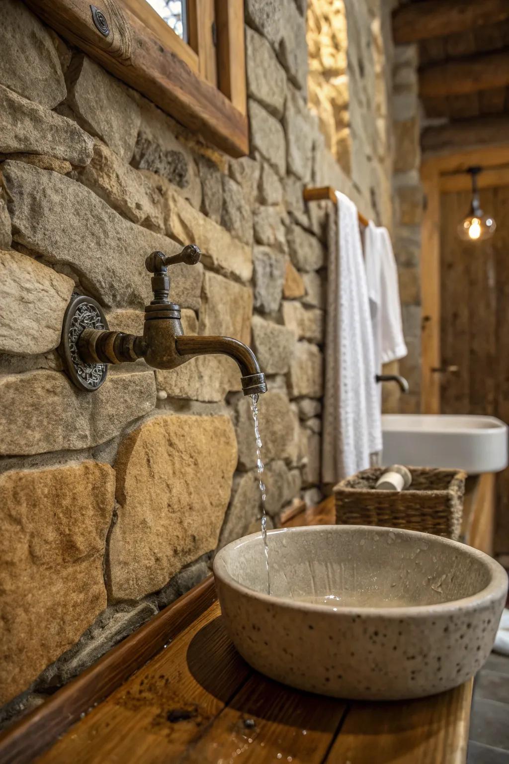 Wall-mounted faucets offer a streamlined, rustic look.