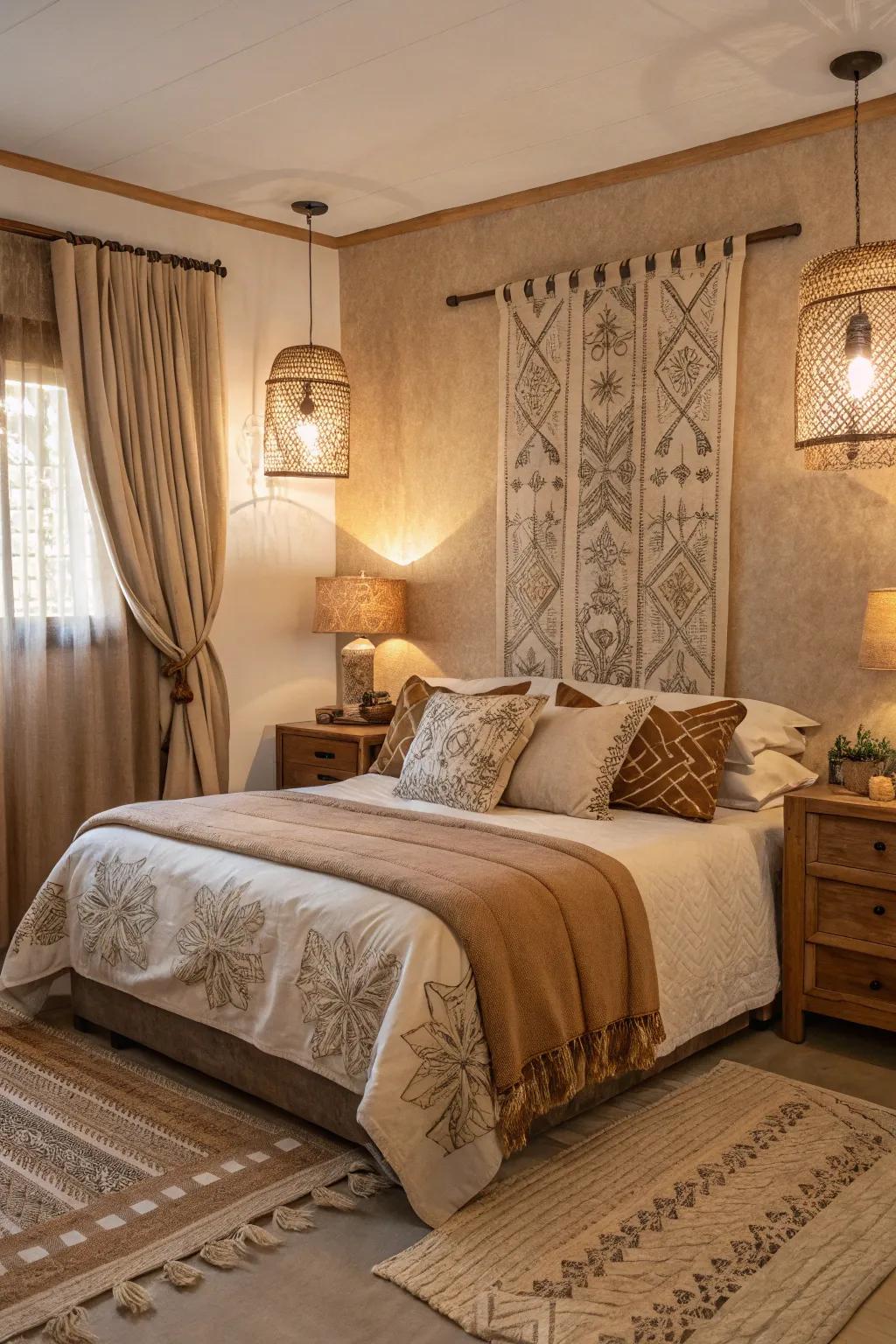 Earthy tones create a soothing atmosphere in this rustic bedroom.