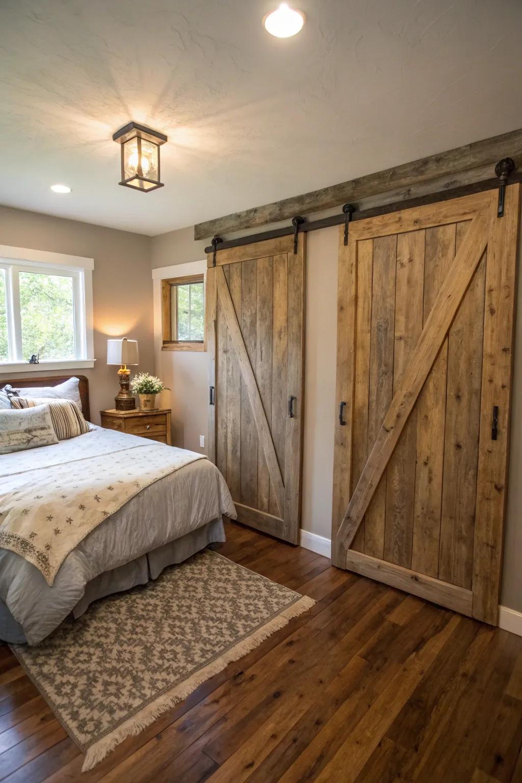 Barn doors add a distinct rustic charm to any bedroom.