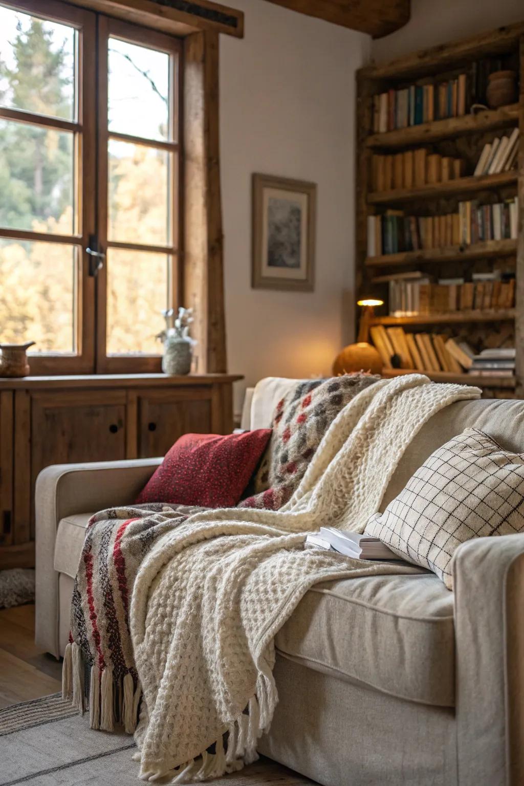 A living room showcasing a sofa with layered textured throws.