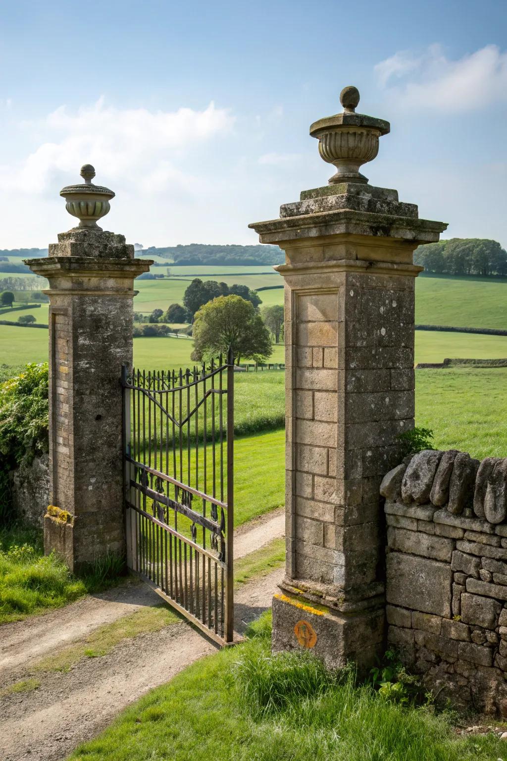 A rustic gate flanked by solid stone pillars.