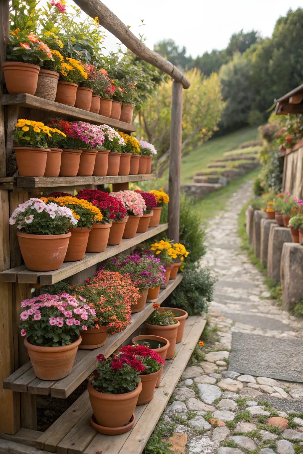 A vibrant tiered display of terracotta pots and flowers.