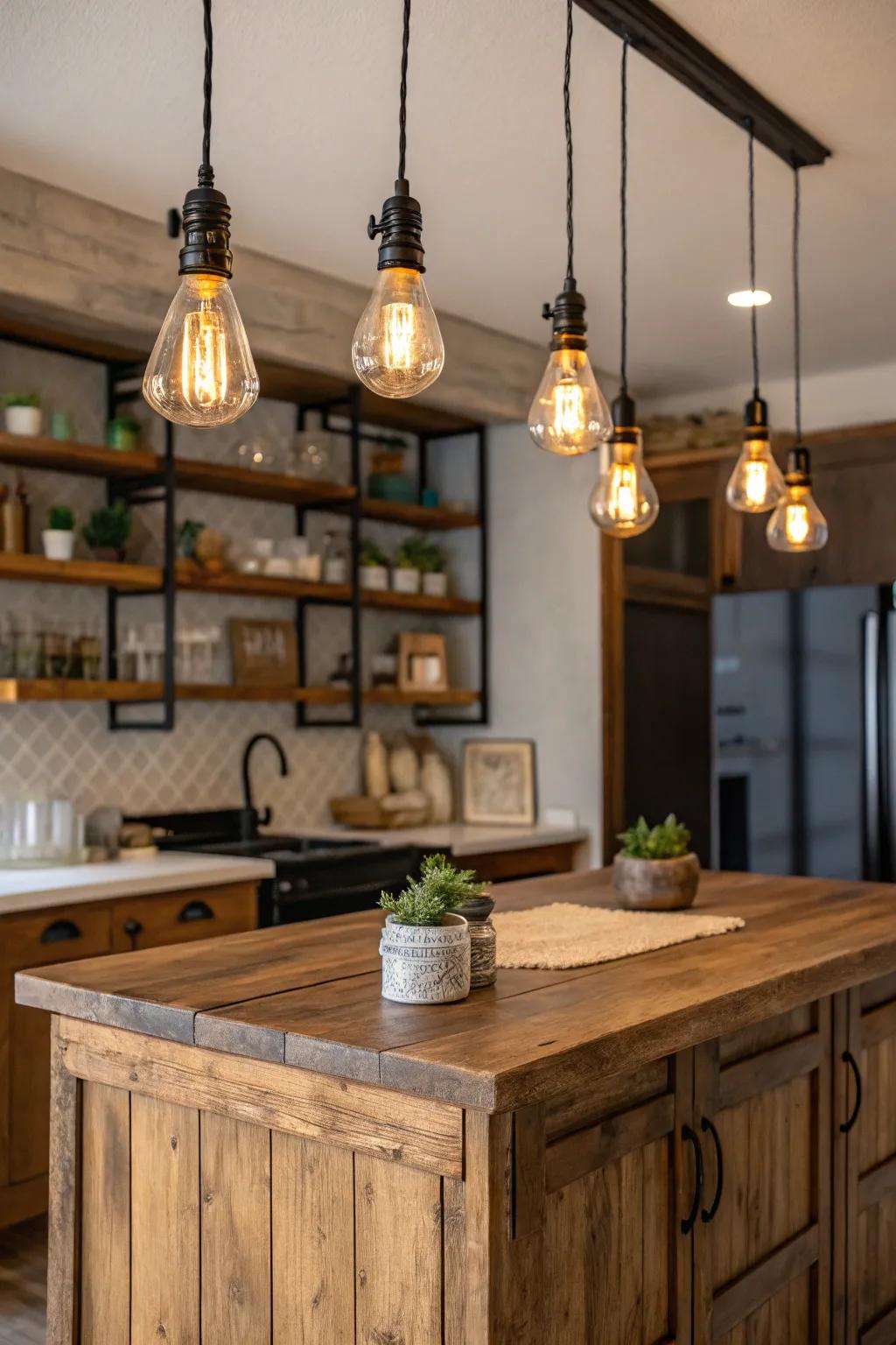 Edison bulb pendants create a warm and inviting kitchen atmosphere.