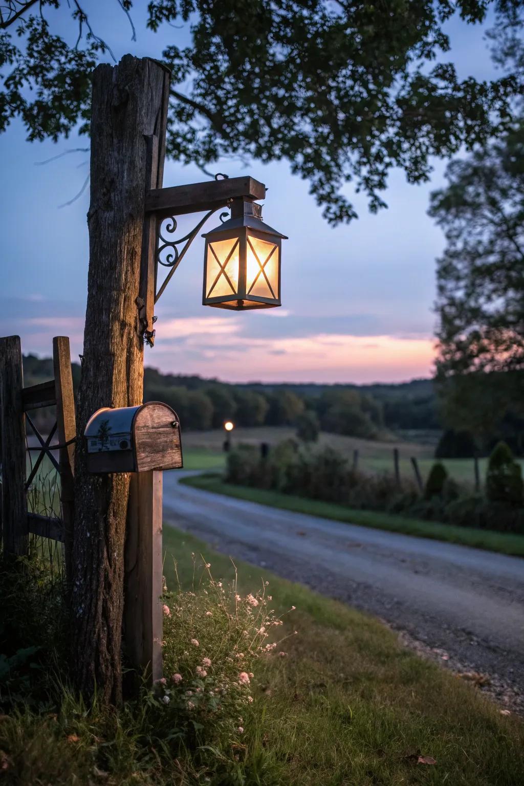 A vintage lantern adds a warm glow to this rustic mailbox post.
