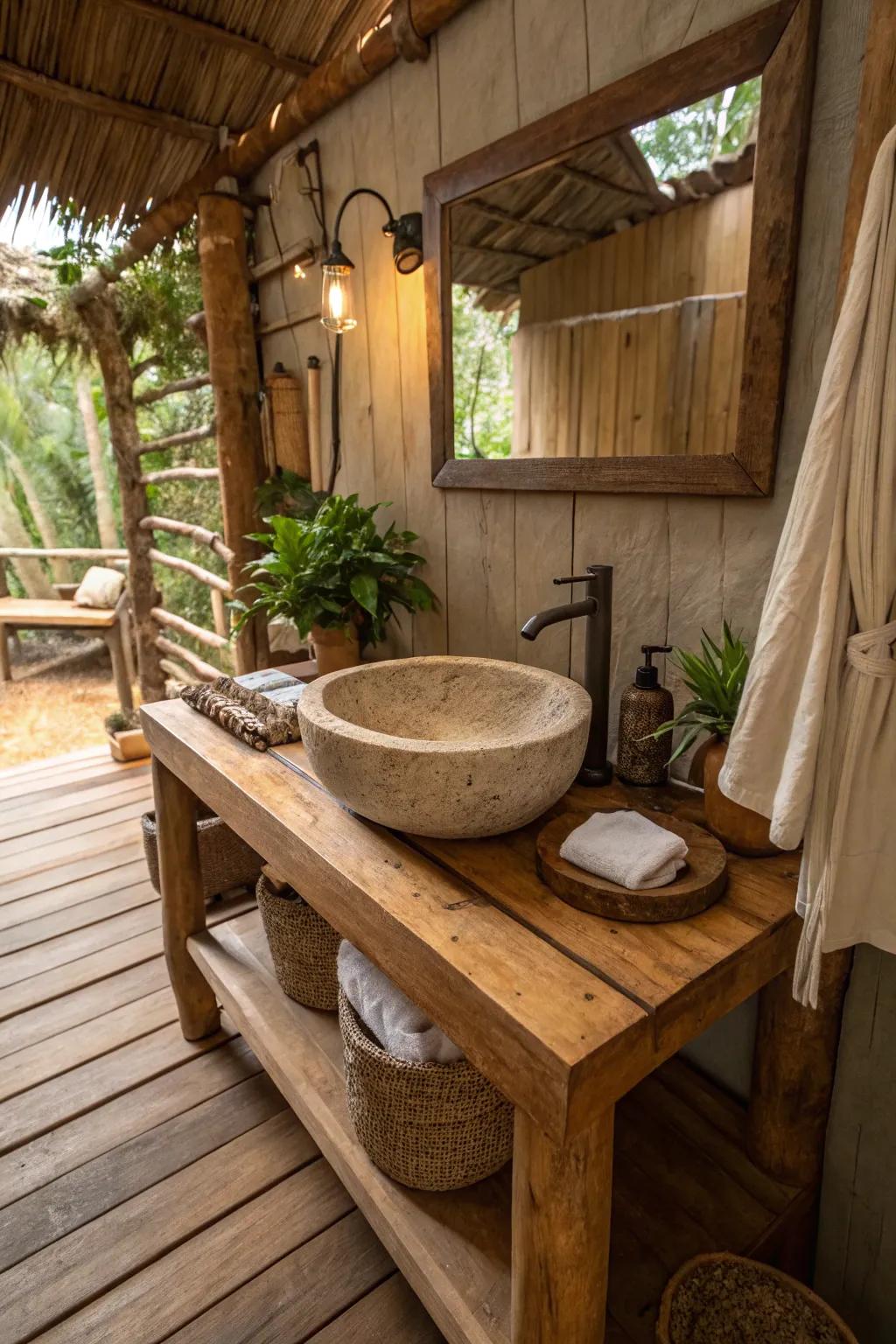 A natural stone sink brings an earthy touch to the bathroom.