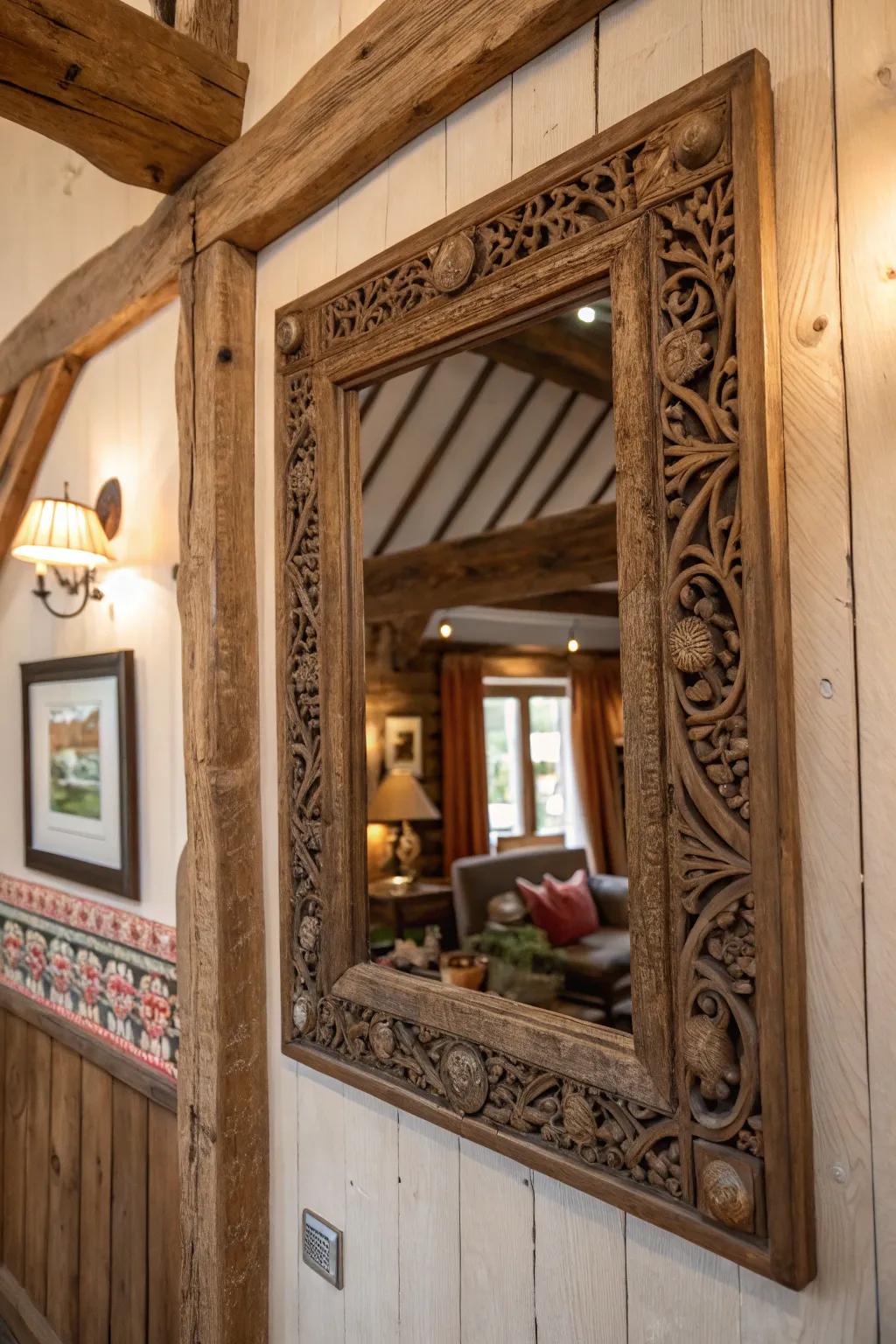 A vintage framed mirror adds elegance and depth to a rustic wall setting.