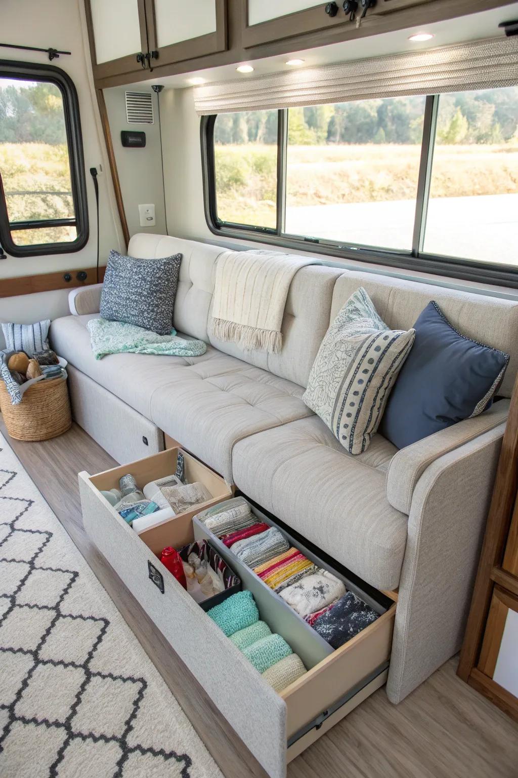 Storage-integrated couches help keep your RV organized.