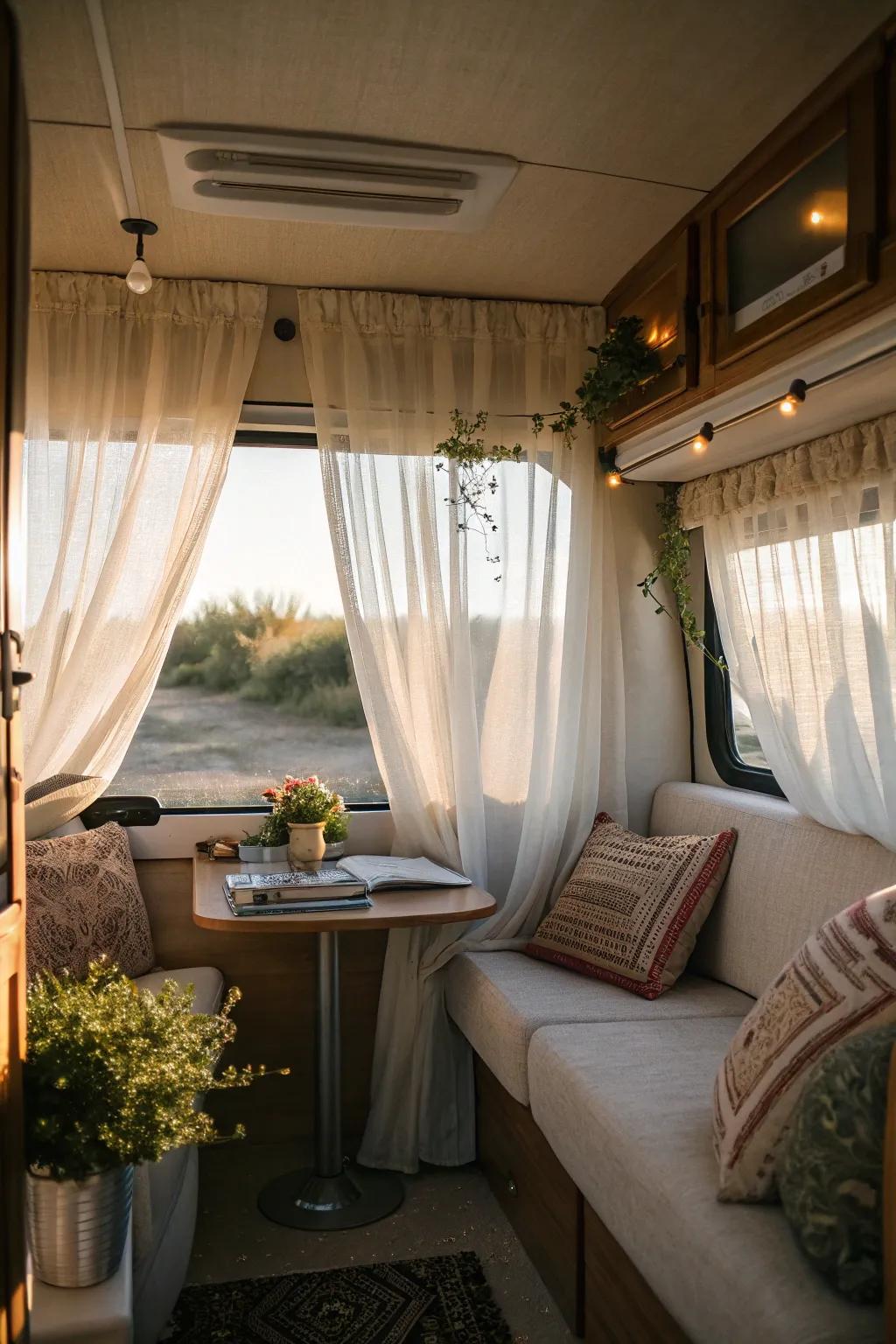 Bathe your RV in soft light with sheer curtains.