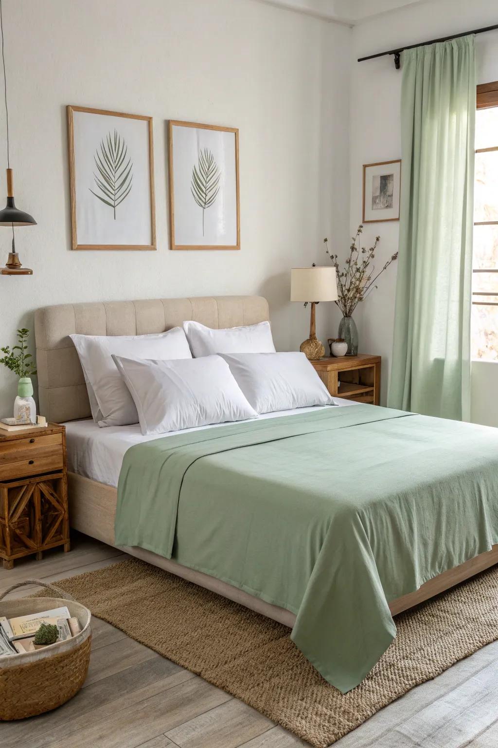 Sage green bedding adds a touch of nature and tranquility to any bedroom.