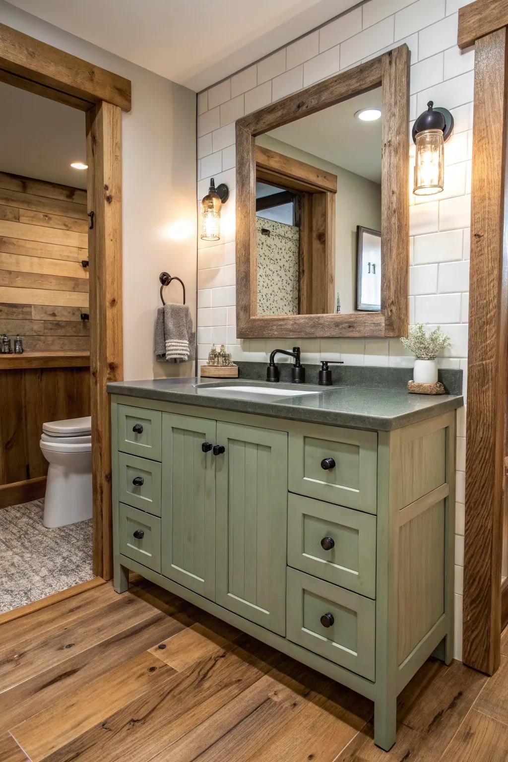 A rustic bathroom with a sage green vanity complemented by natural wood elements.