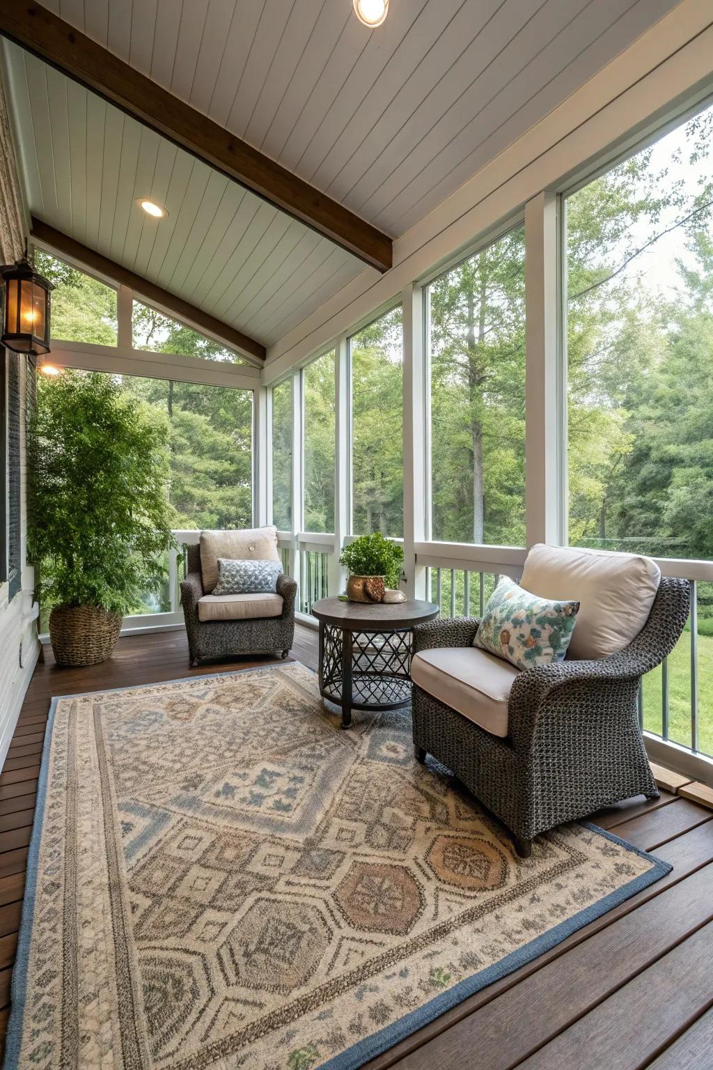 An indoor-outdoor lounge on the porch offers comfort and style.