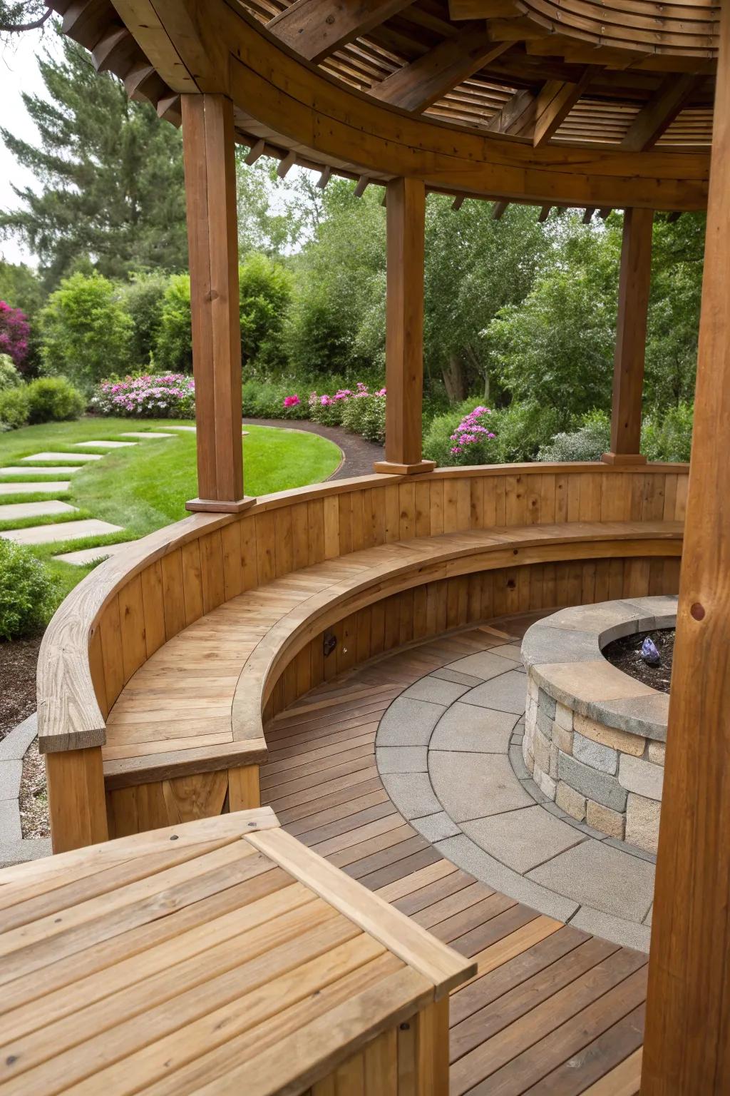 Curved seating that follows the patio shape enhances the social vibe.