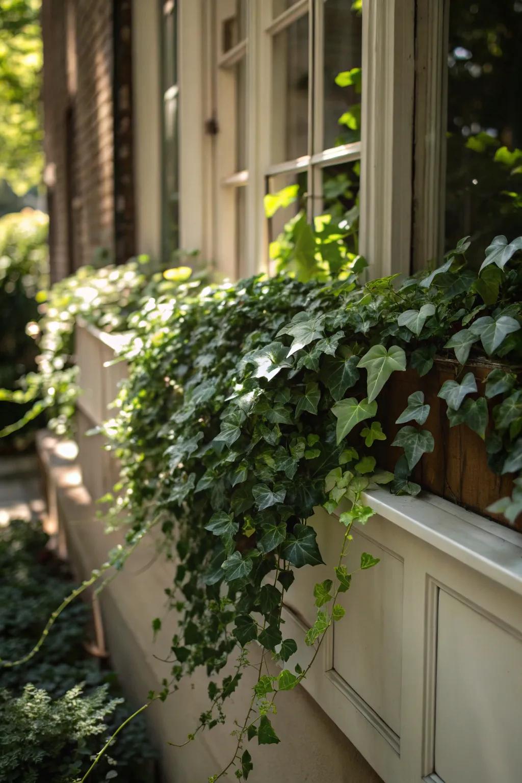 English ivy cascades elegantly, adding a touch of sophistication.