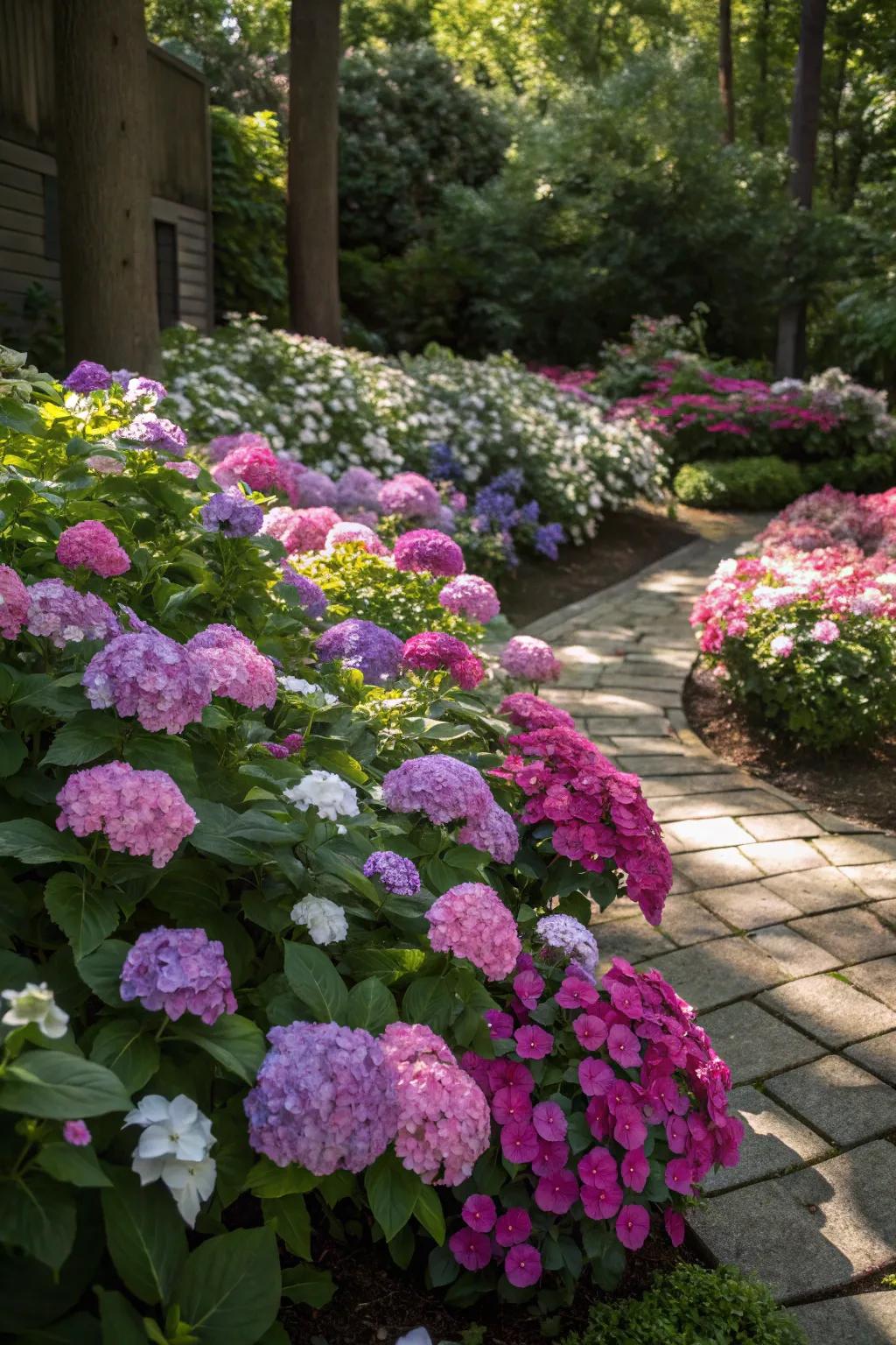 Bright hydrangeas and impatiens adding color to the shade.