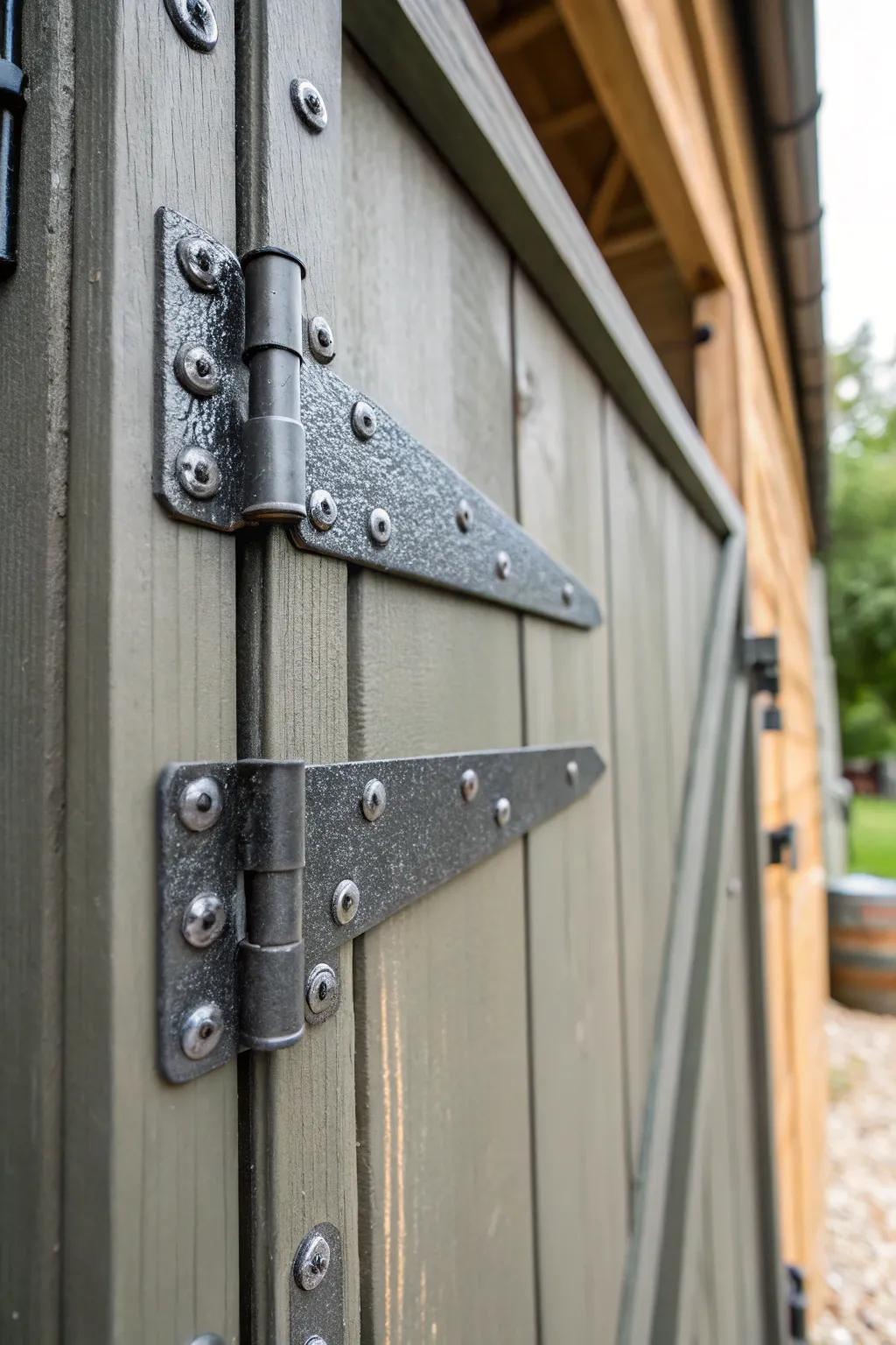 Reinforced metal hinges provide strength and security to a shed door.