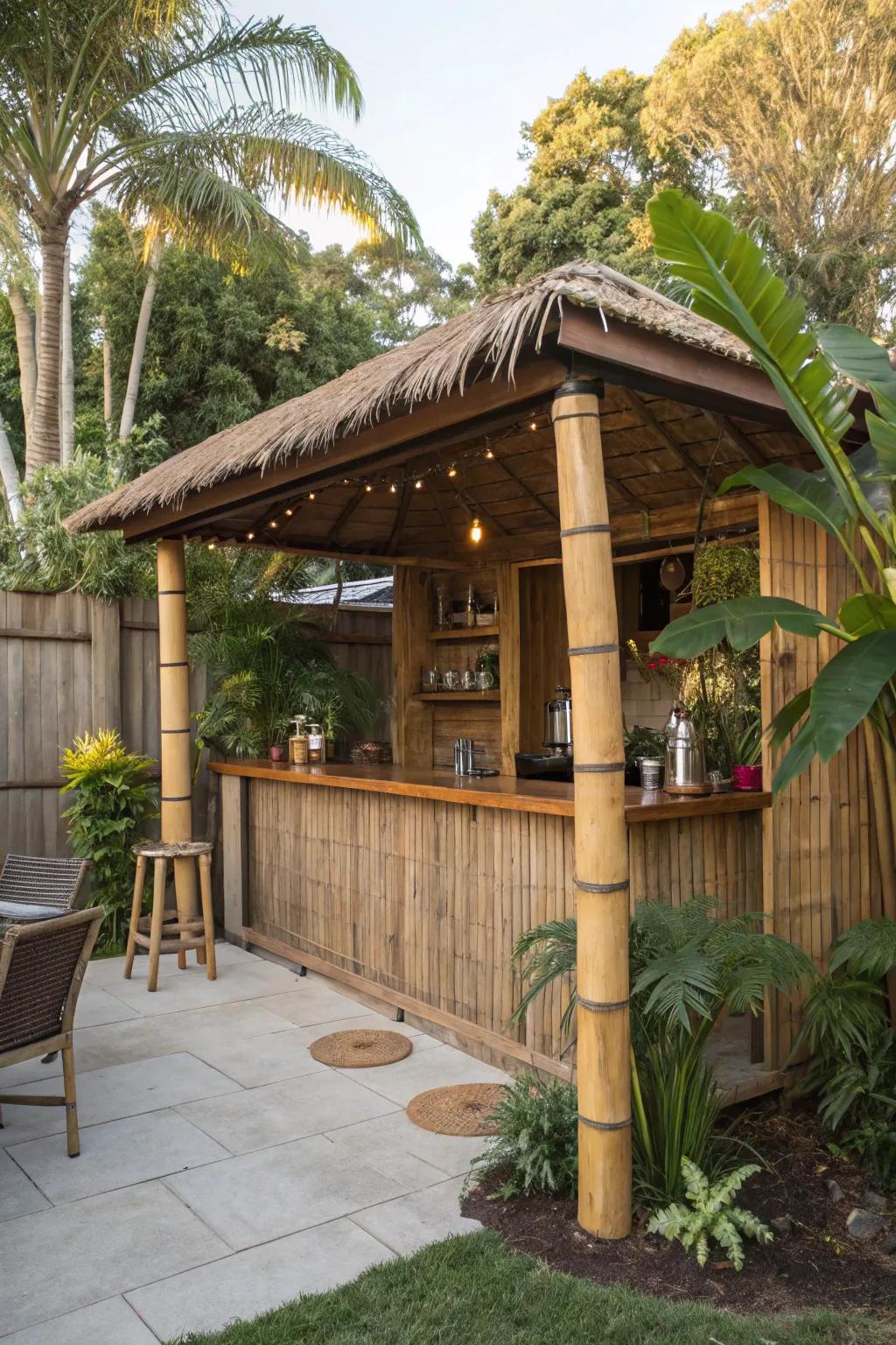 Create a tropical paradise with a Tiki-themed shed bar.