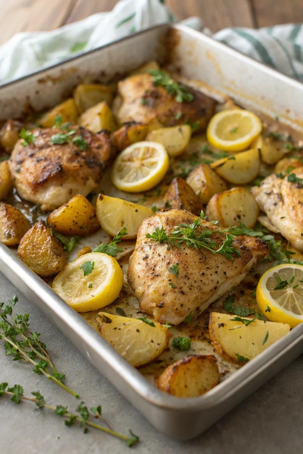 Lemon-herb chicken and potatoes, a comforting and easy dinner.