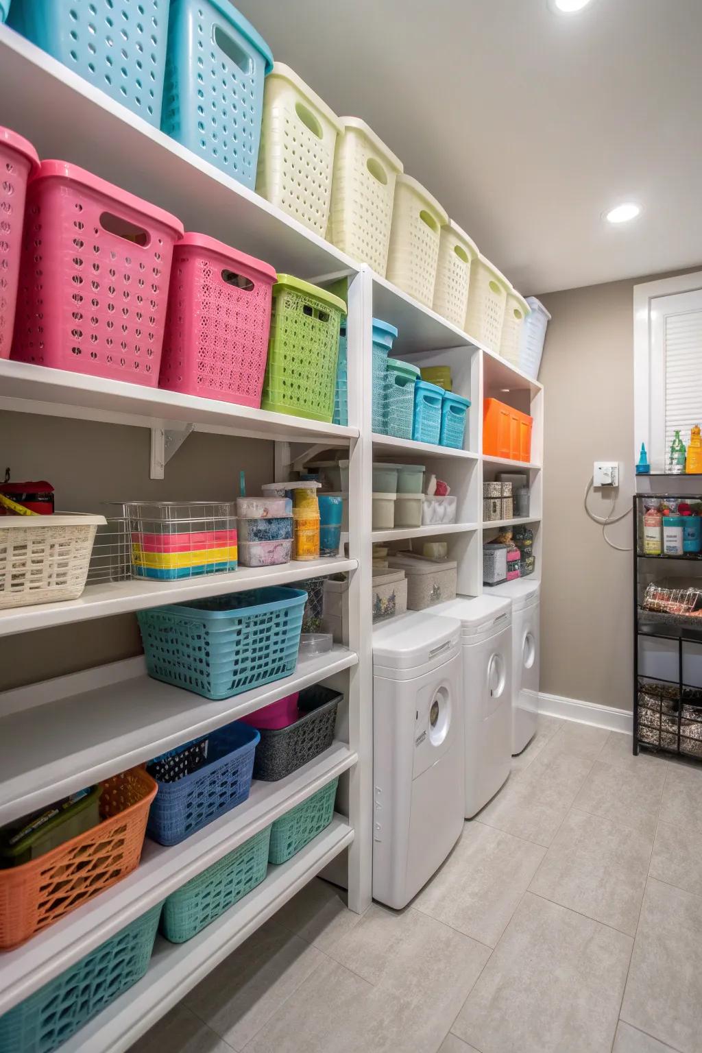 Baskets and containers on shelves in a utility room, creating a neat and organized appearance.