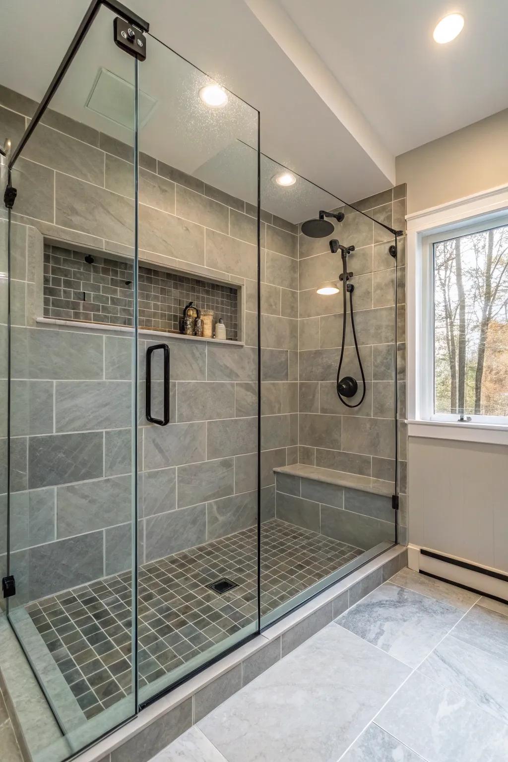 A spacious walk-in shower enhances both style and functionality.