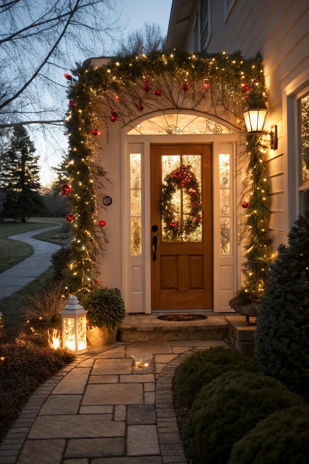 Garlands with twinkle lights frame a festive door perfectly.