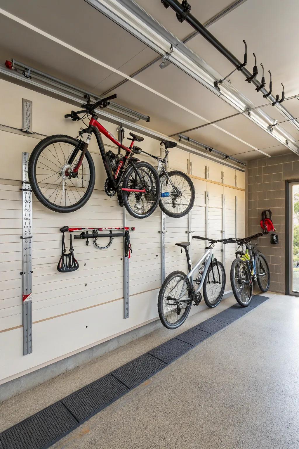 Vertical bike storage on a slatwall keeps your garage floor clear.