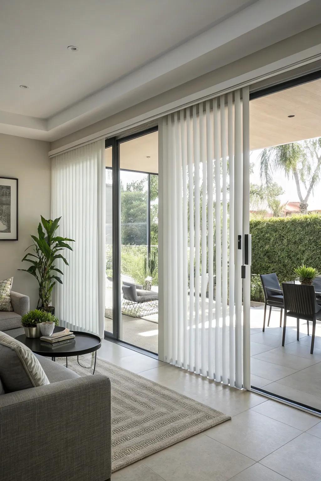 Vertical blinds offer functionality with a modern edge.