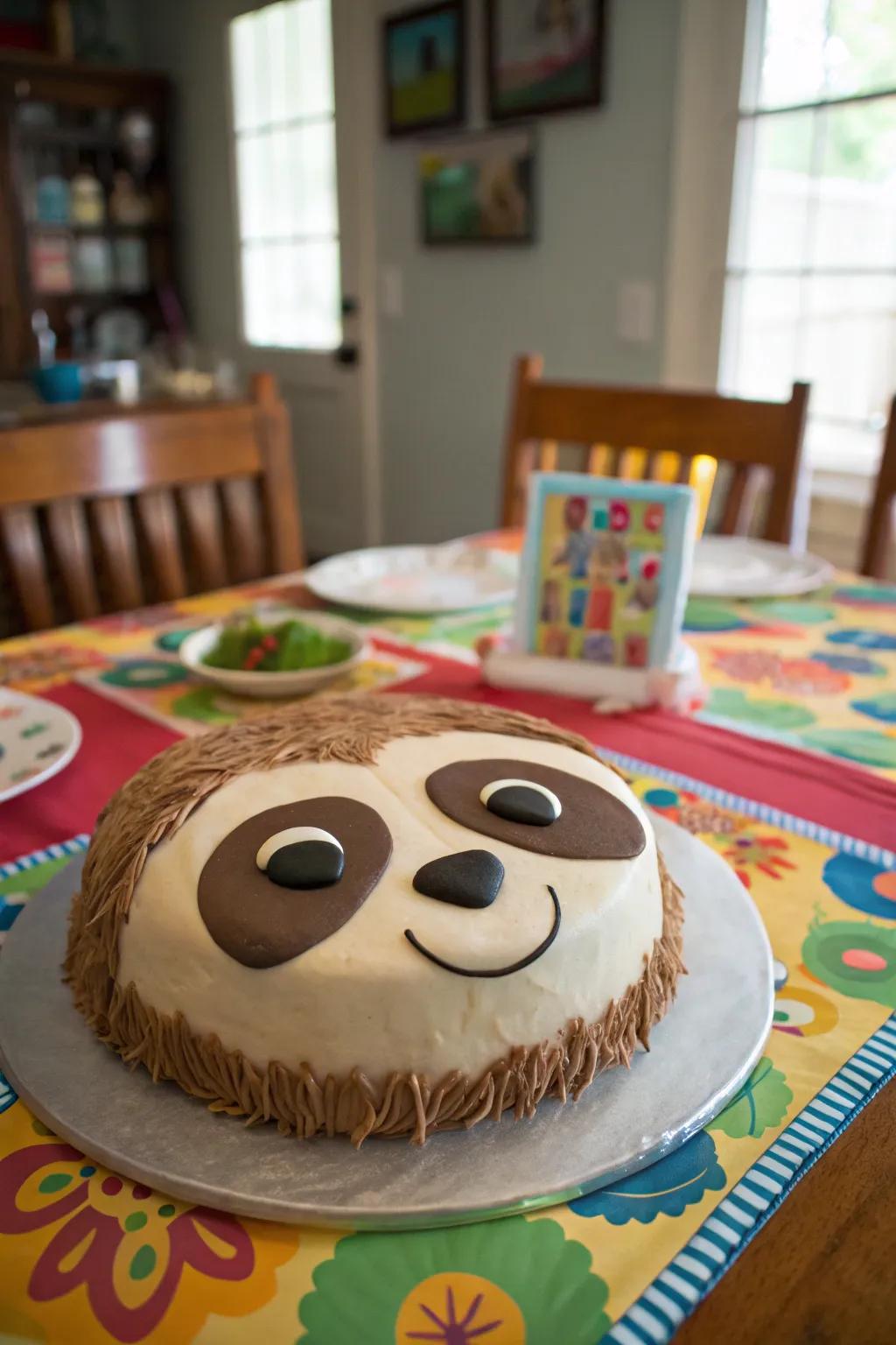 A sloth face cake is friendly and fun.