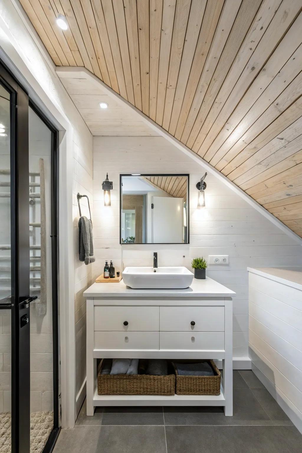 A bright bathroom with a whitewashed wood ceiling offering a spacious feel.