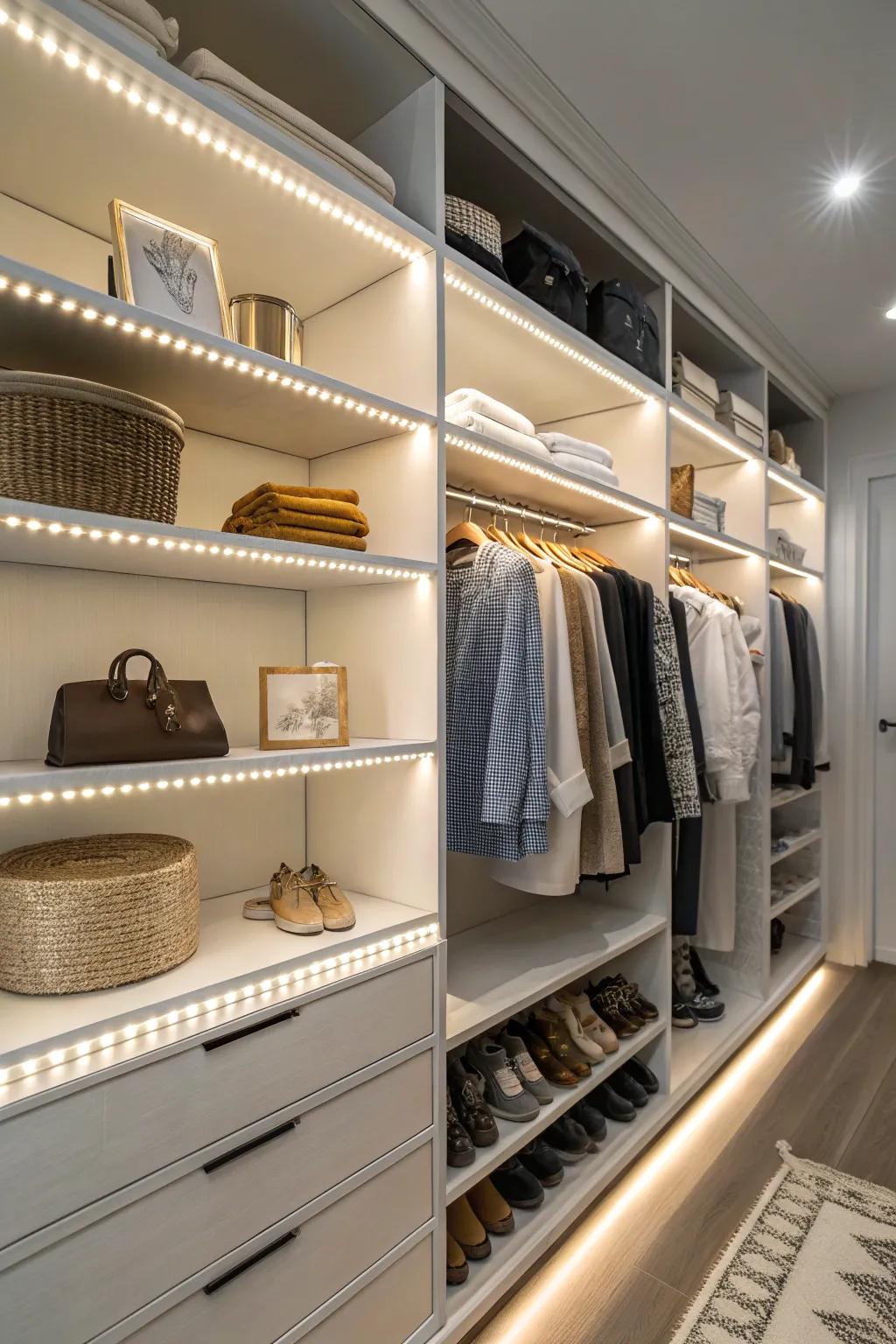 LED strip lights provide a modern glow to closet shelves.