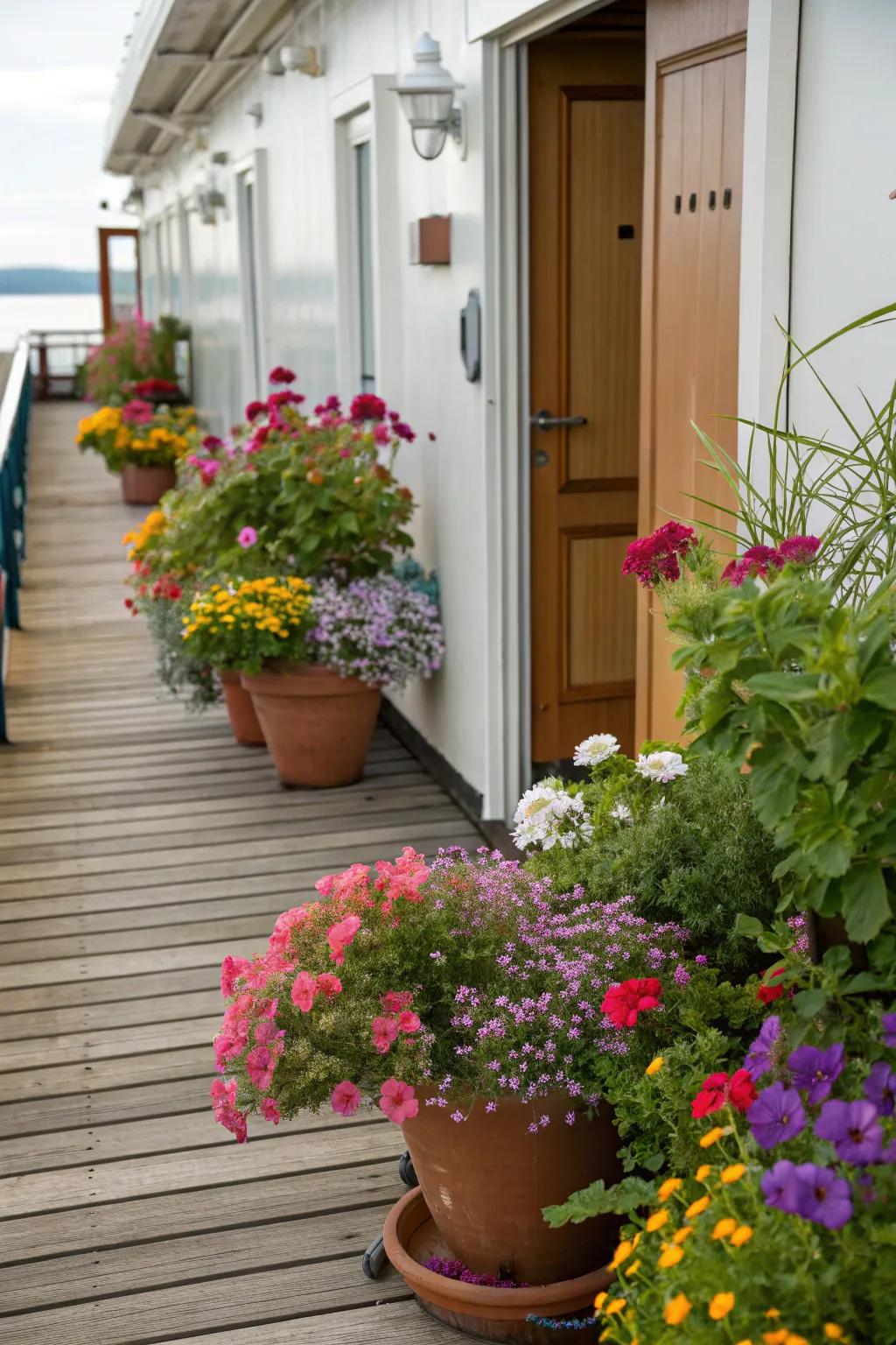 A vibrant deck entrance featuring a variety of potted plants.