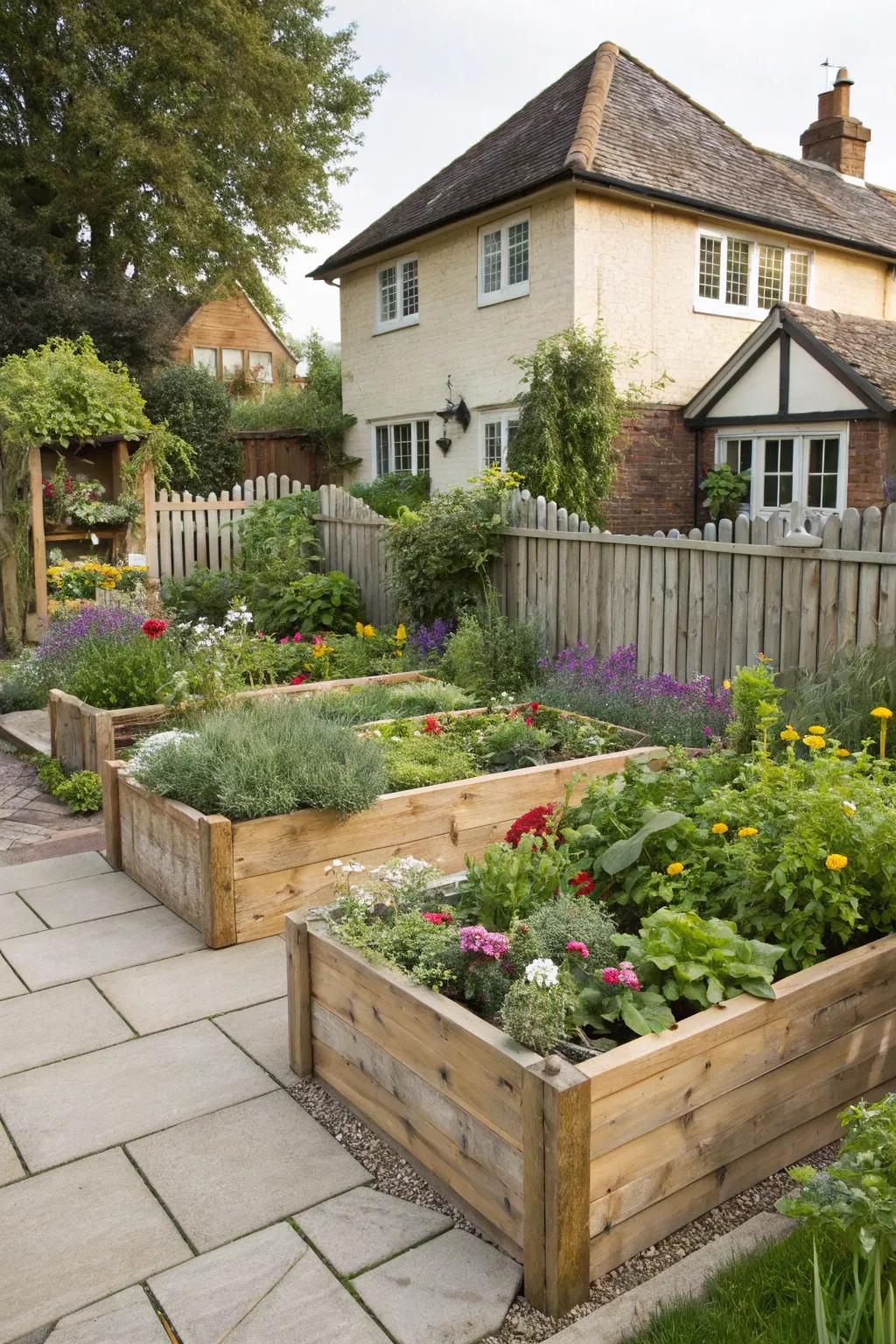 Raised wooden beds brimming with colorful flowers and herbs.