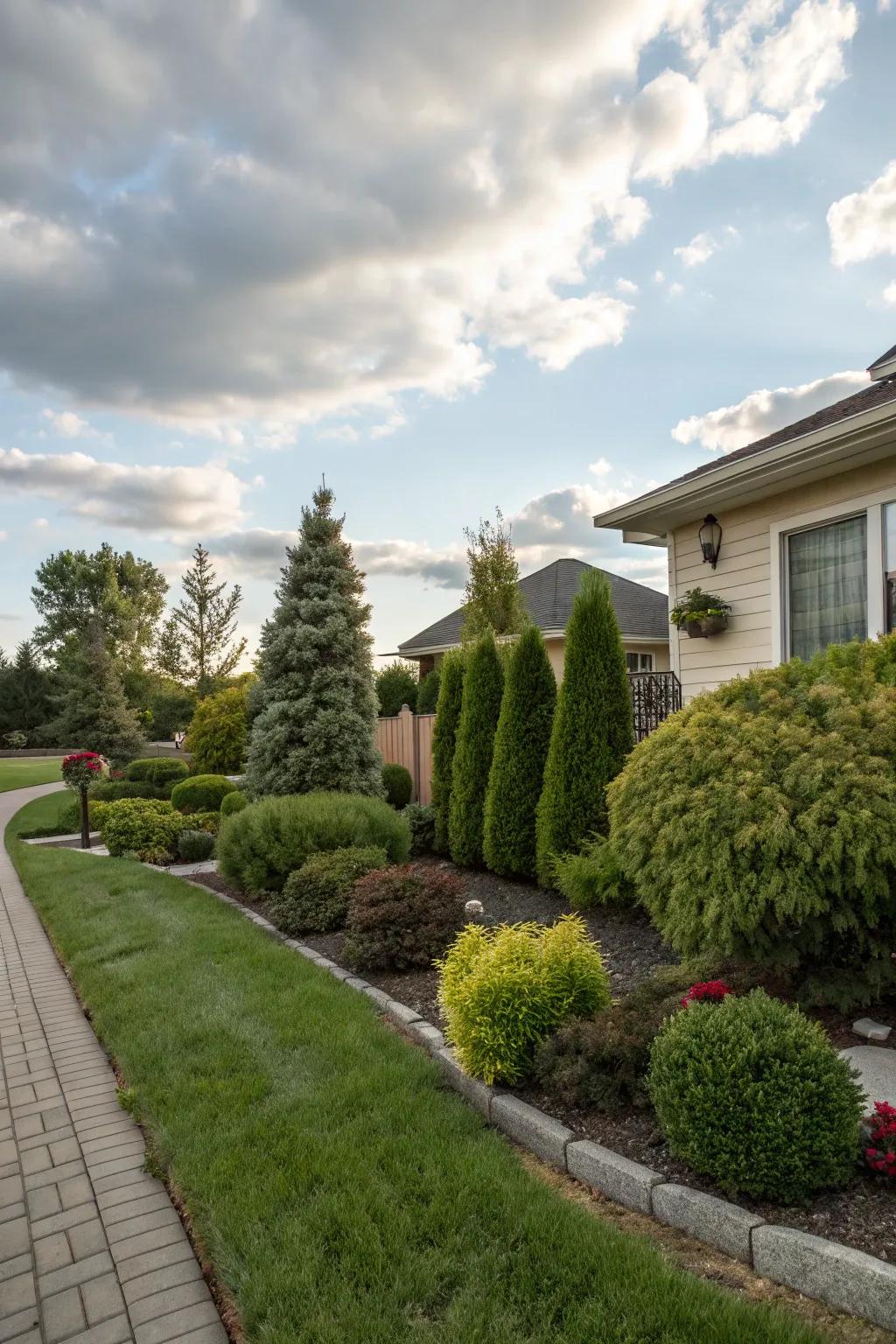 Dwarf evergreens provide a lush backdrop with minimal maintenance.