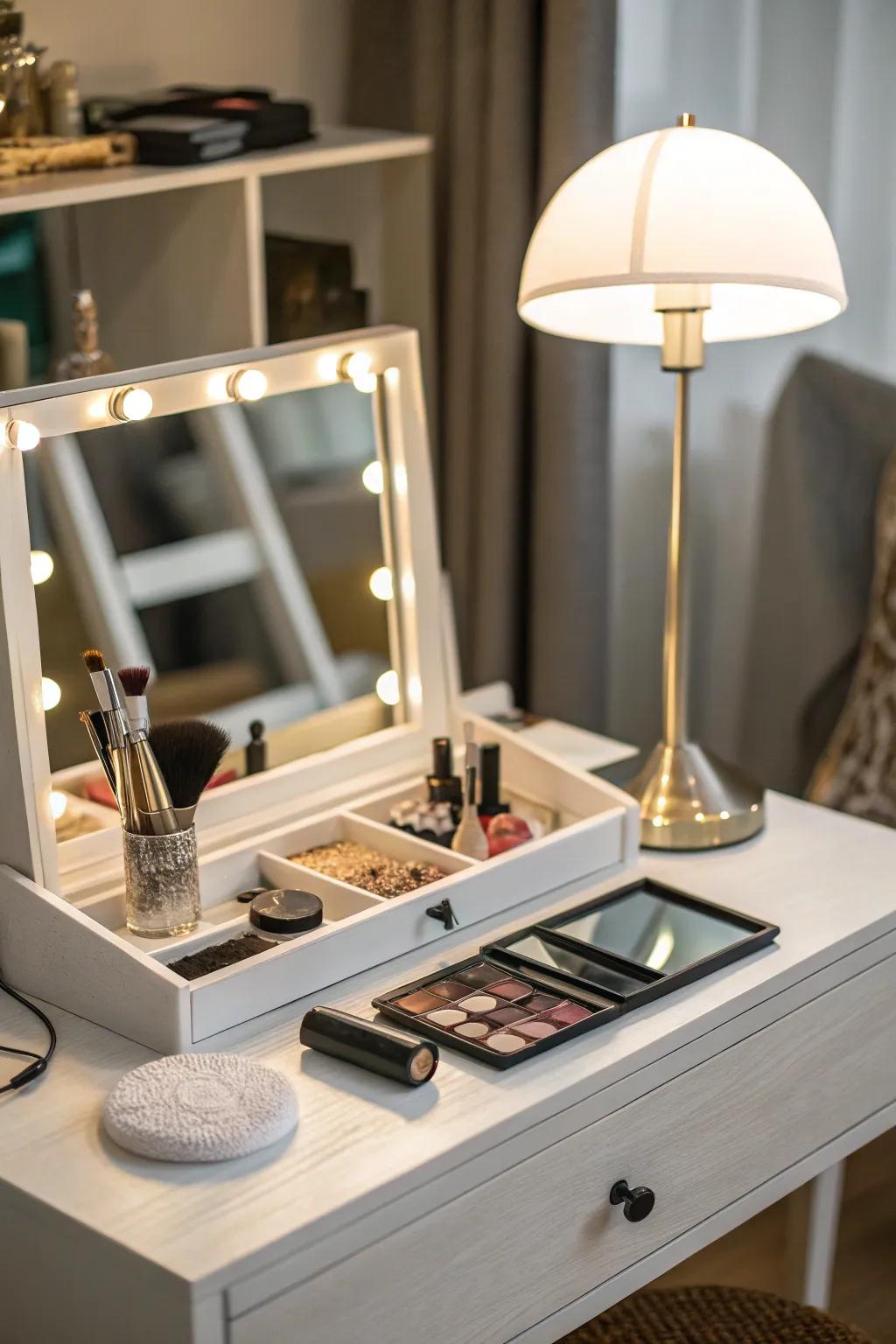 A dual-purpose desk that elegantly transforms into a dressing table.