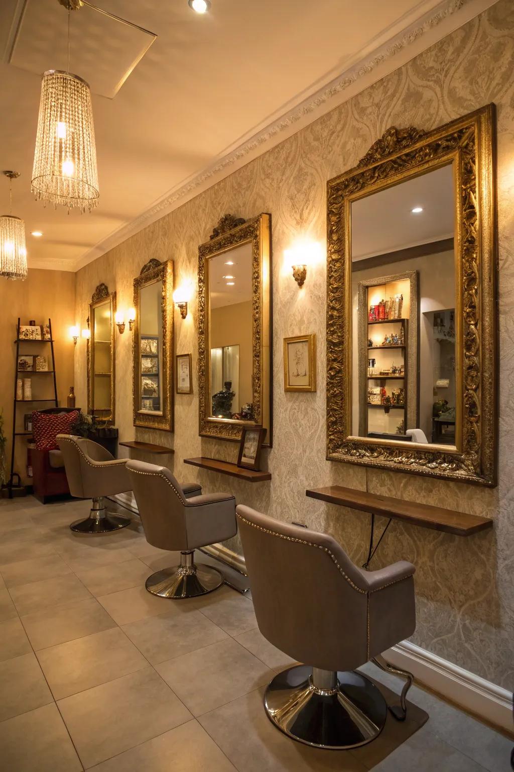 Mirrors that reflect light and expand the visual space of the salon.