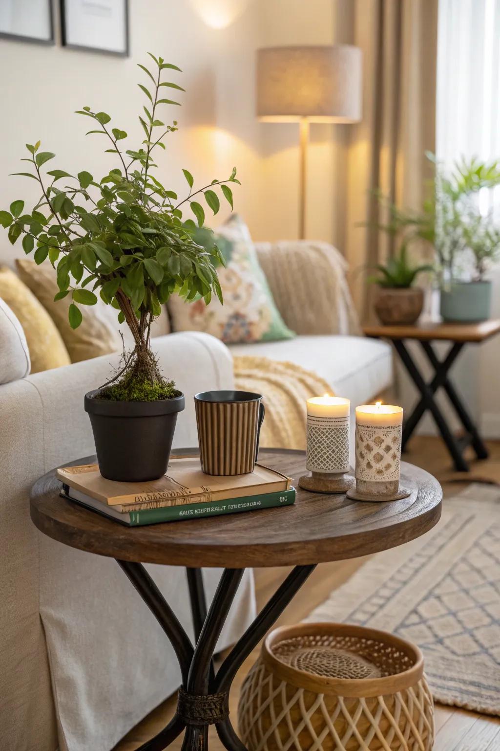 A lively plant brings nature indoors on a stylish side table.