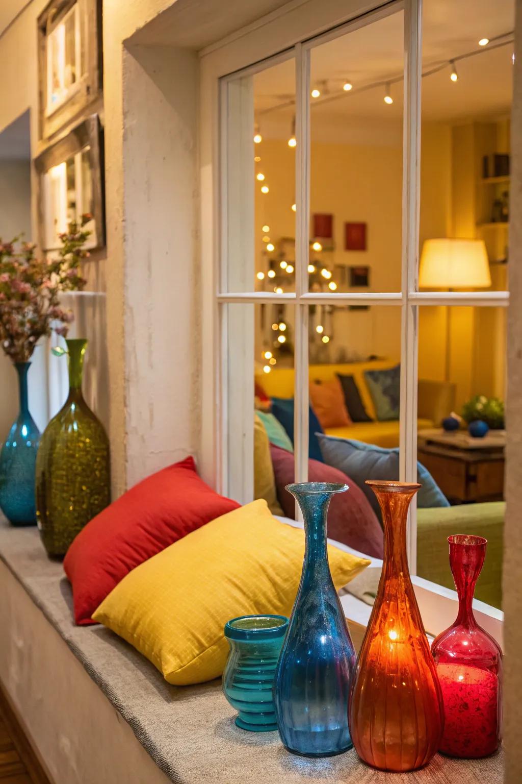 A vibrant window display with bold colors for a lively touch.