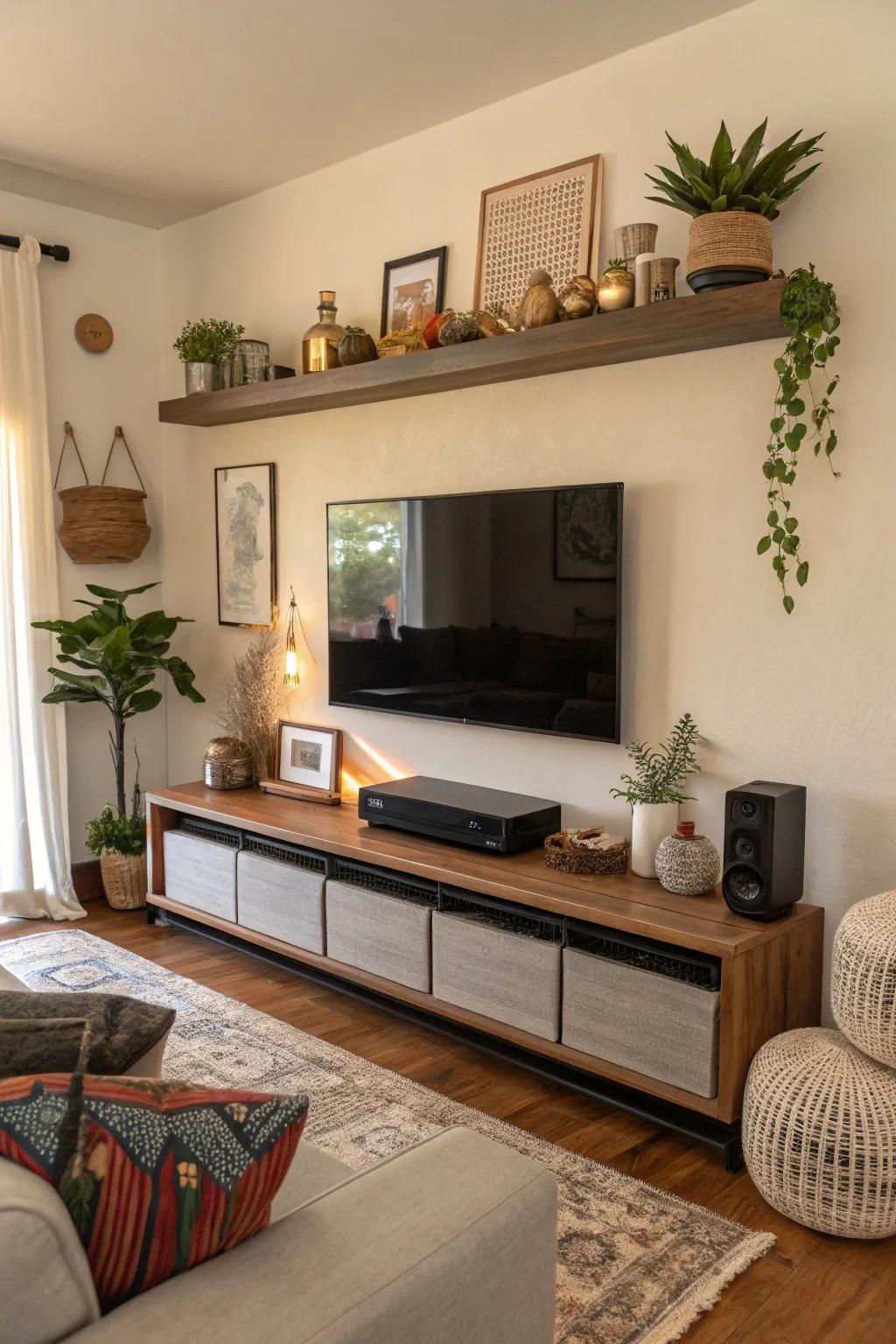 Soundbar elegantly placed on a floating shelf above the TV