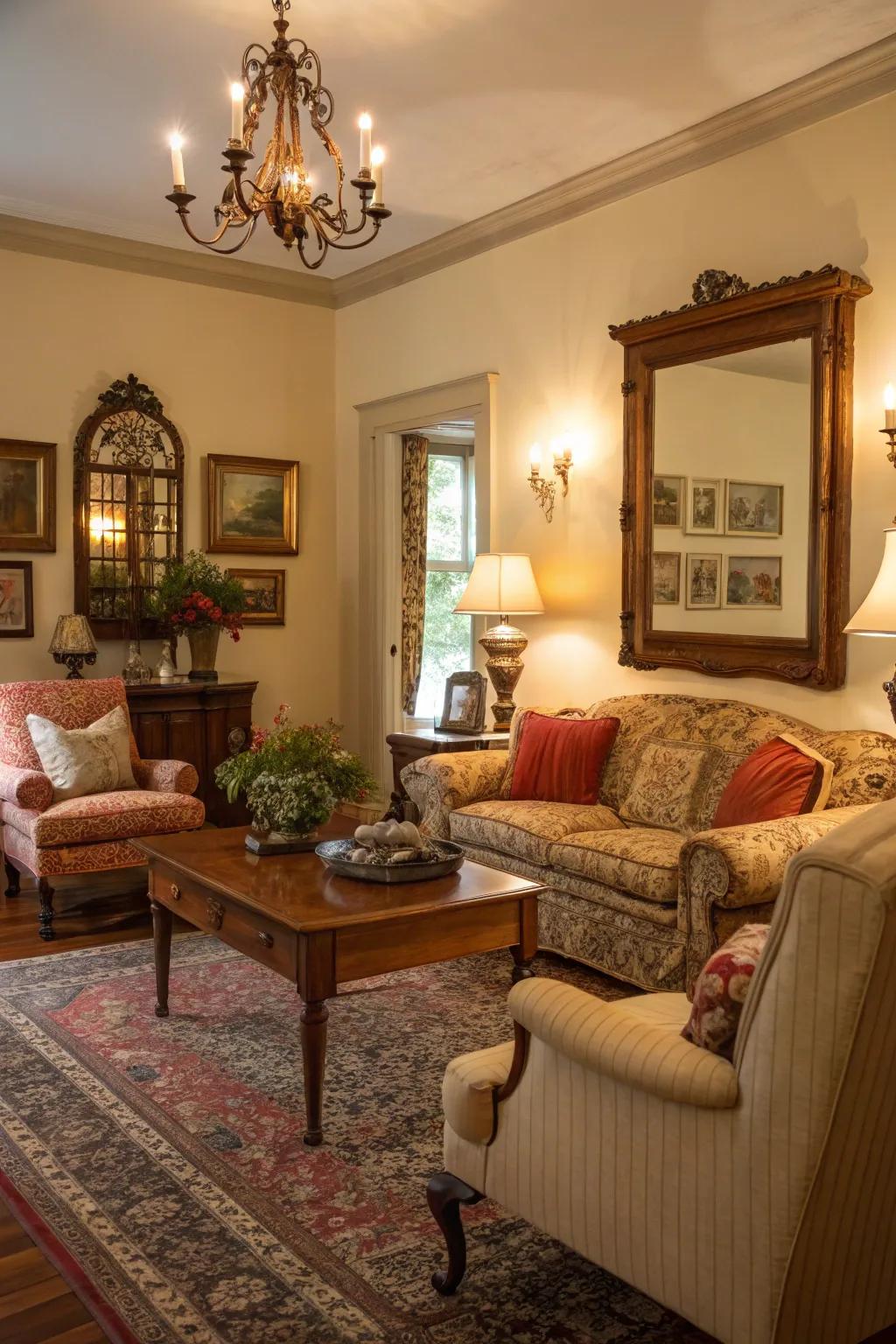 A vintage-infused Southern living space that oozes charm.