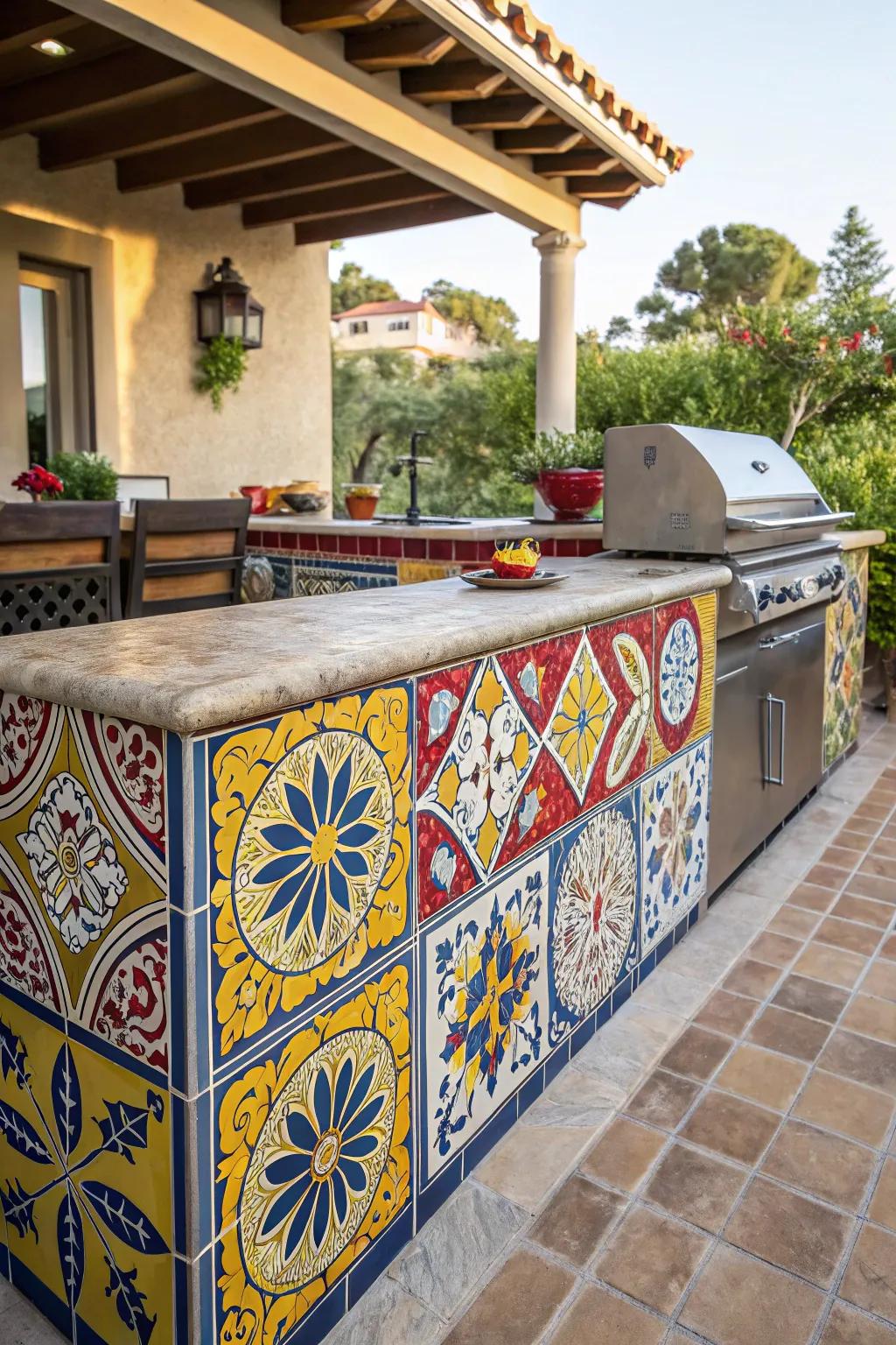 Vibrant Spanish tiles add a splash of color to this charming outdoor kitchen.