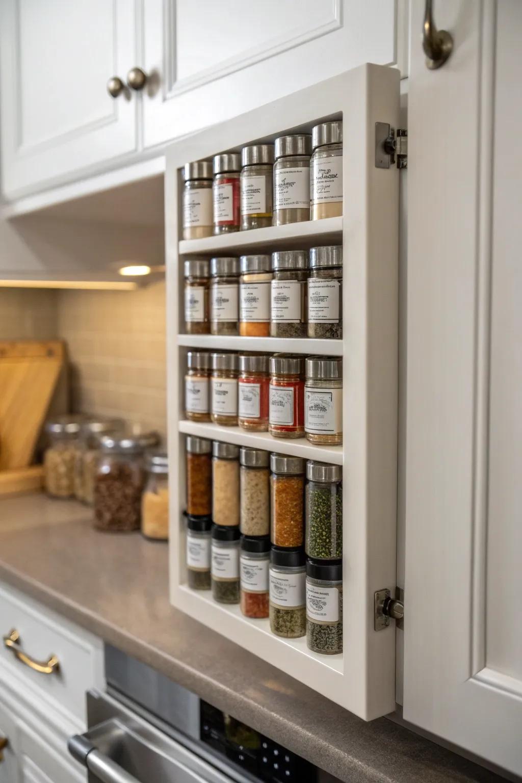 Hidden spice storage on the inside of a cabinet door.