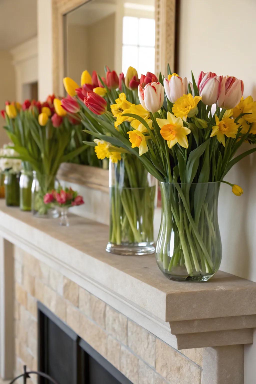 A burst of spring with tulips and daffodils on the mantel.