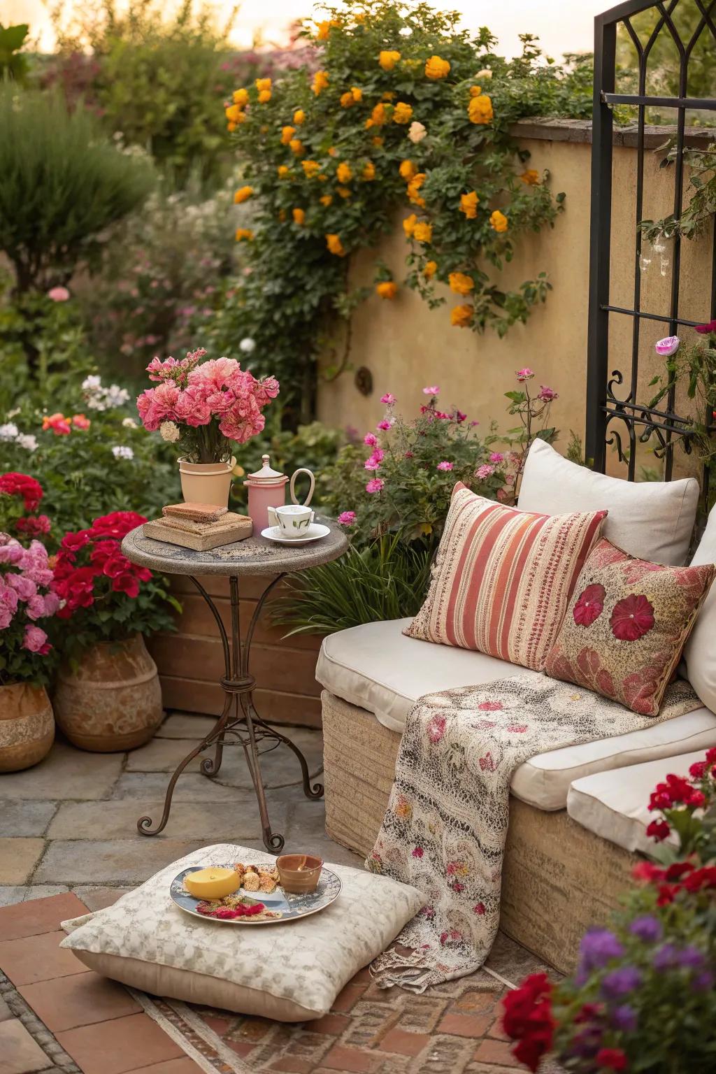 A serene outdoor seating area perfect for sipping morning coffee while enjoying the garden.