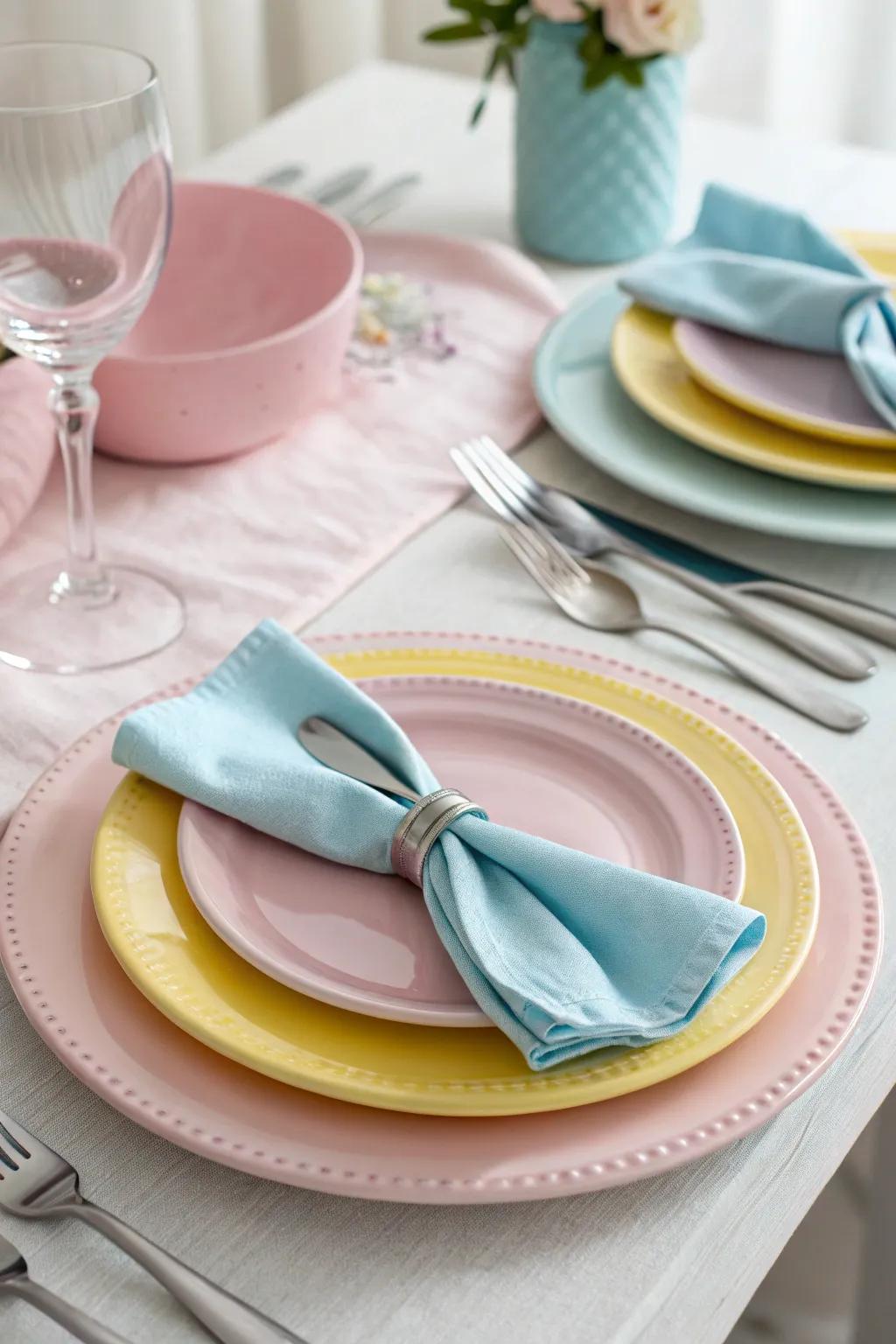 Pastel table settings create a serene and inviting atmosphere.