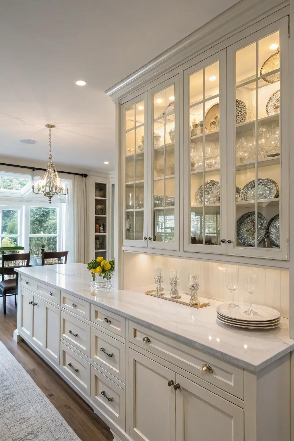 Glass-front cabinets create an inviting space by displaying beautiful dinnerware.