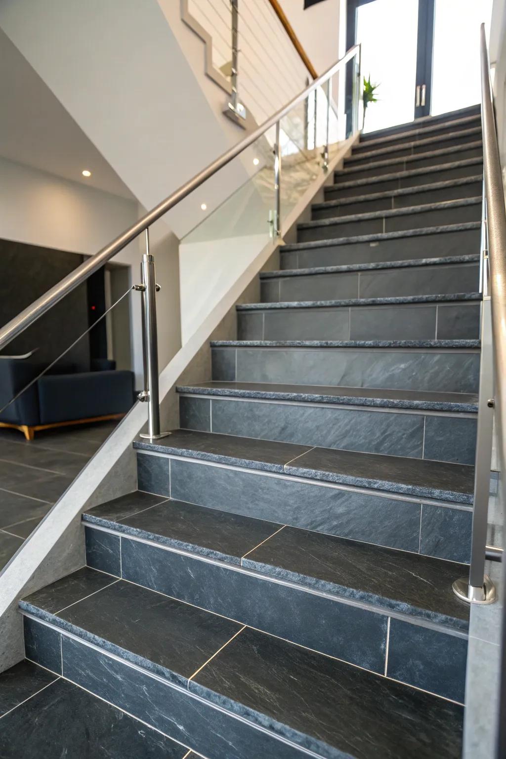 Sleek slate tiles offer a modern touch to any staircase.