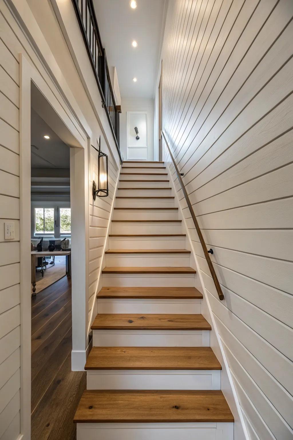 Modern shiplap brings a clean, structured look to your stairwell.