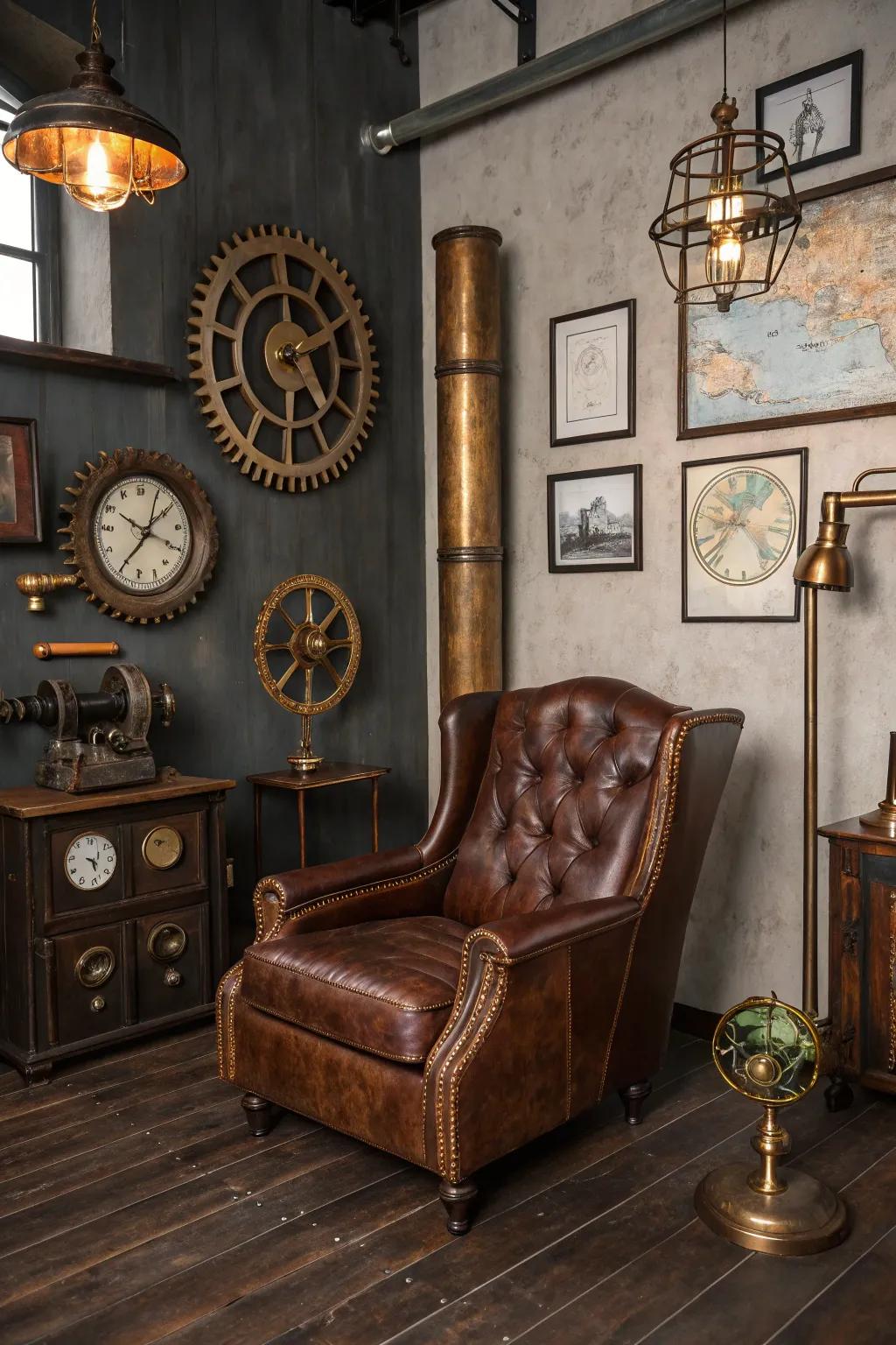 A vintage leather armchair brings a sense of history and comfort to a steampunk room.